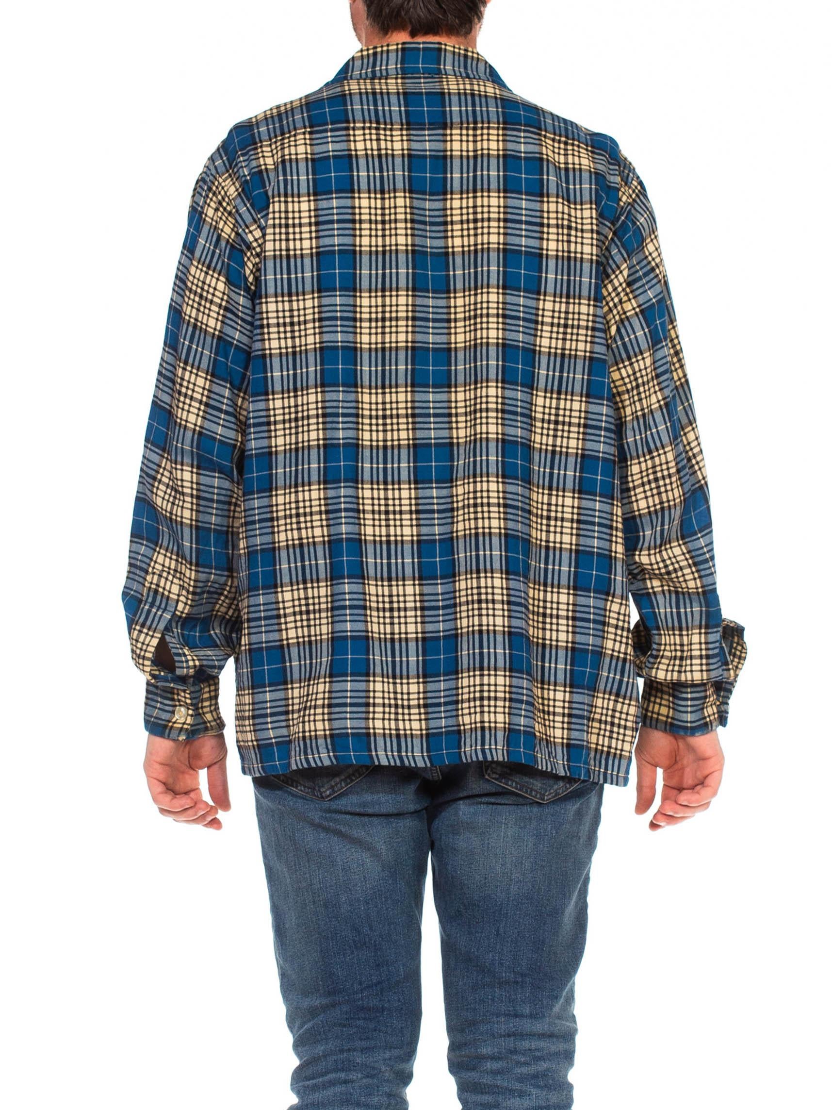 1940S VIYELLA Blue, White & Black Wool/Cotton Plaid Long Sleeve Shirt For Sale 5