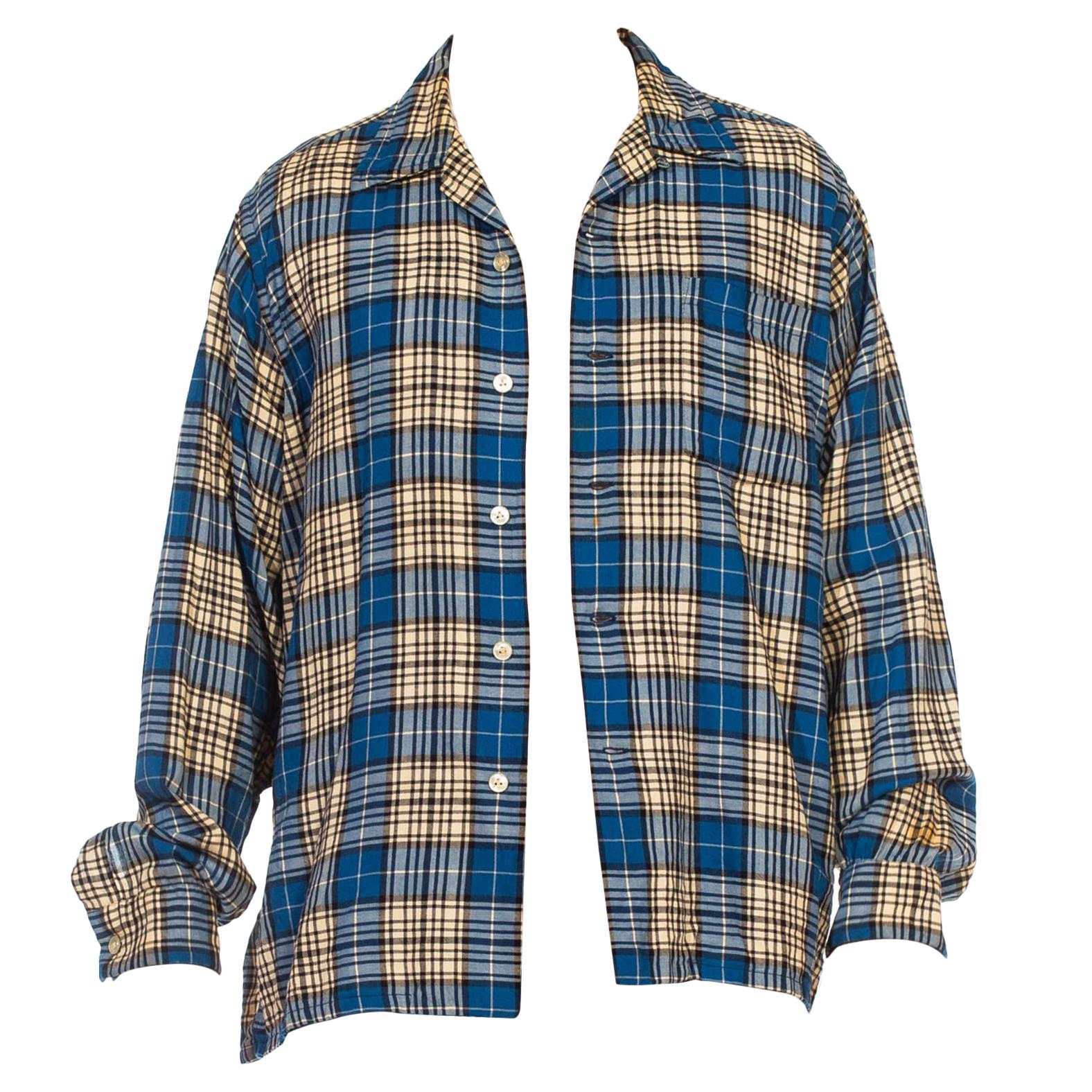 Langärmeliges VIYELLA-Hemd aus Wolle/Baumwolle in Blau, Weiß und Schwarz, 1940er Jahre im Angebot
