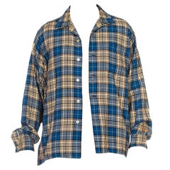 1940S VIYELLA Blue, White & Black Wool/Cotton Plaid Long Sleeve Shirt