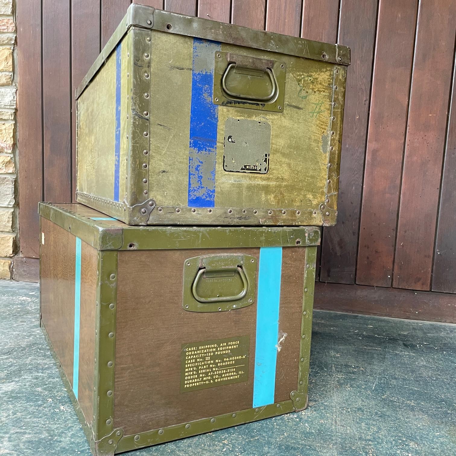 Sold separately so please specify which one you would like, the lighter more worn box or the darker less worn one.
These are both identical vulcanized fiber cartage trunks with brass or steel  cornering/edging.  The top lid comes off, and there are