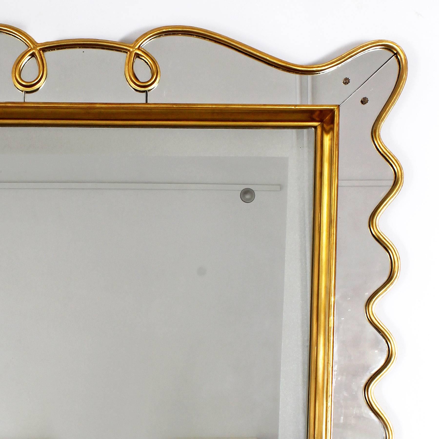 Mid-Century Modern 1940s Wall Mirror, Acid Etched Decoration, Golden Leaf Stucco Frame, Italy