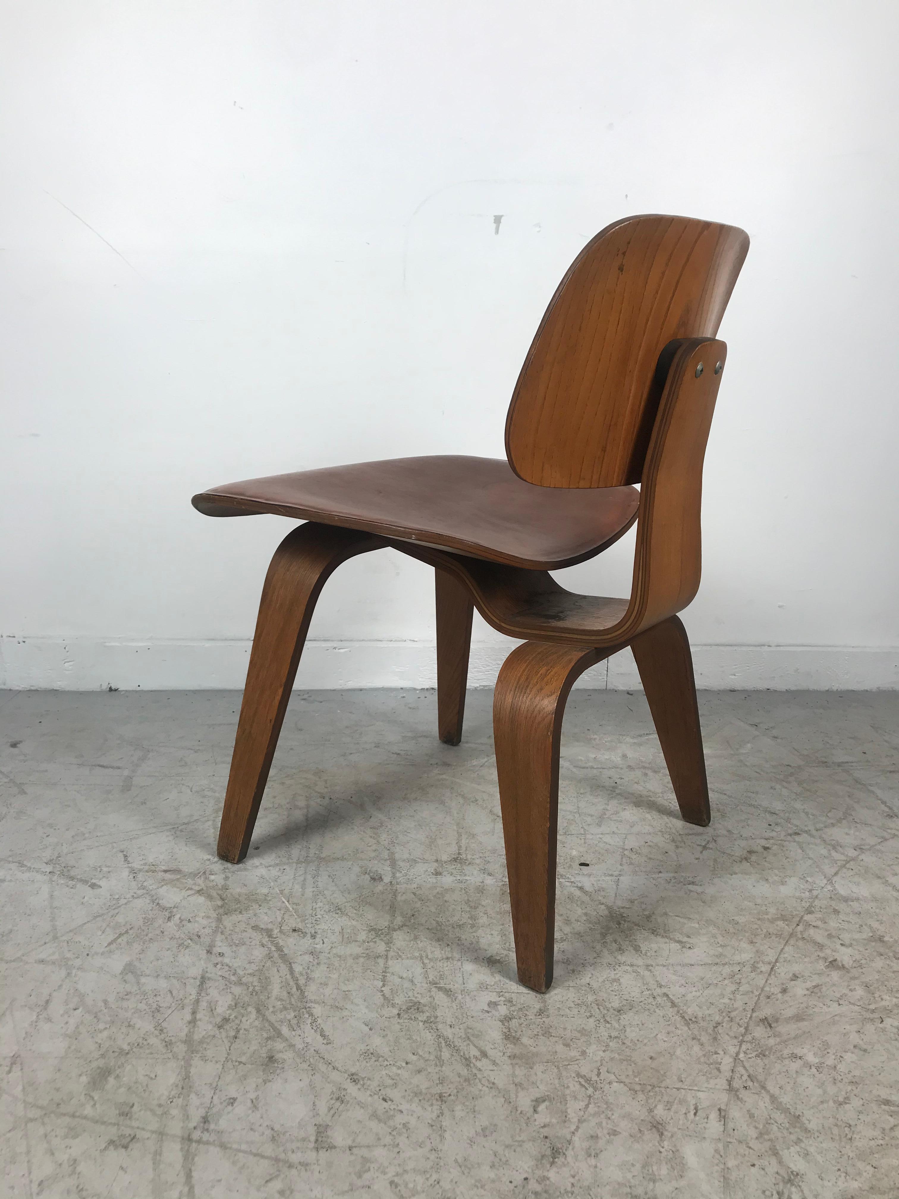 American 1940s Walnut and Leather DCW Chair by Charles & Ray Eames