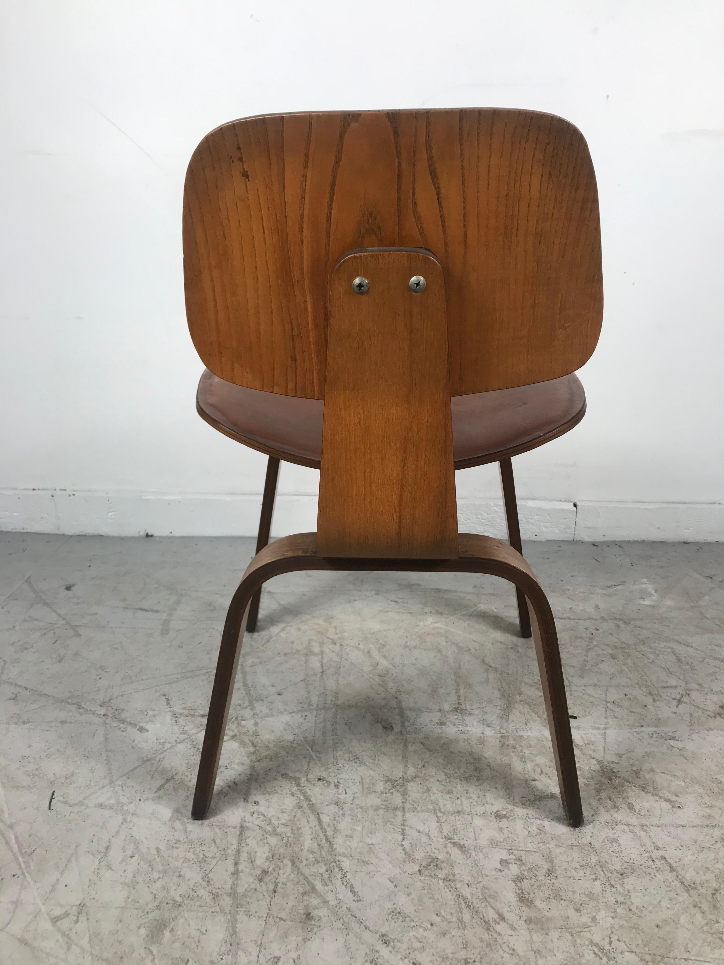 Laminated 1940s Walnut and Leather DCW Chair by Charles & Ray Eames