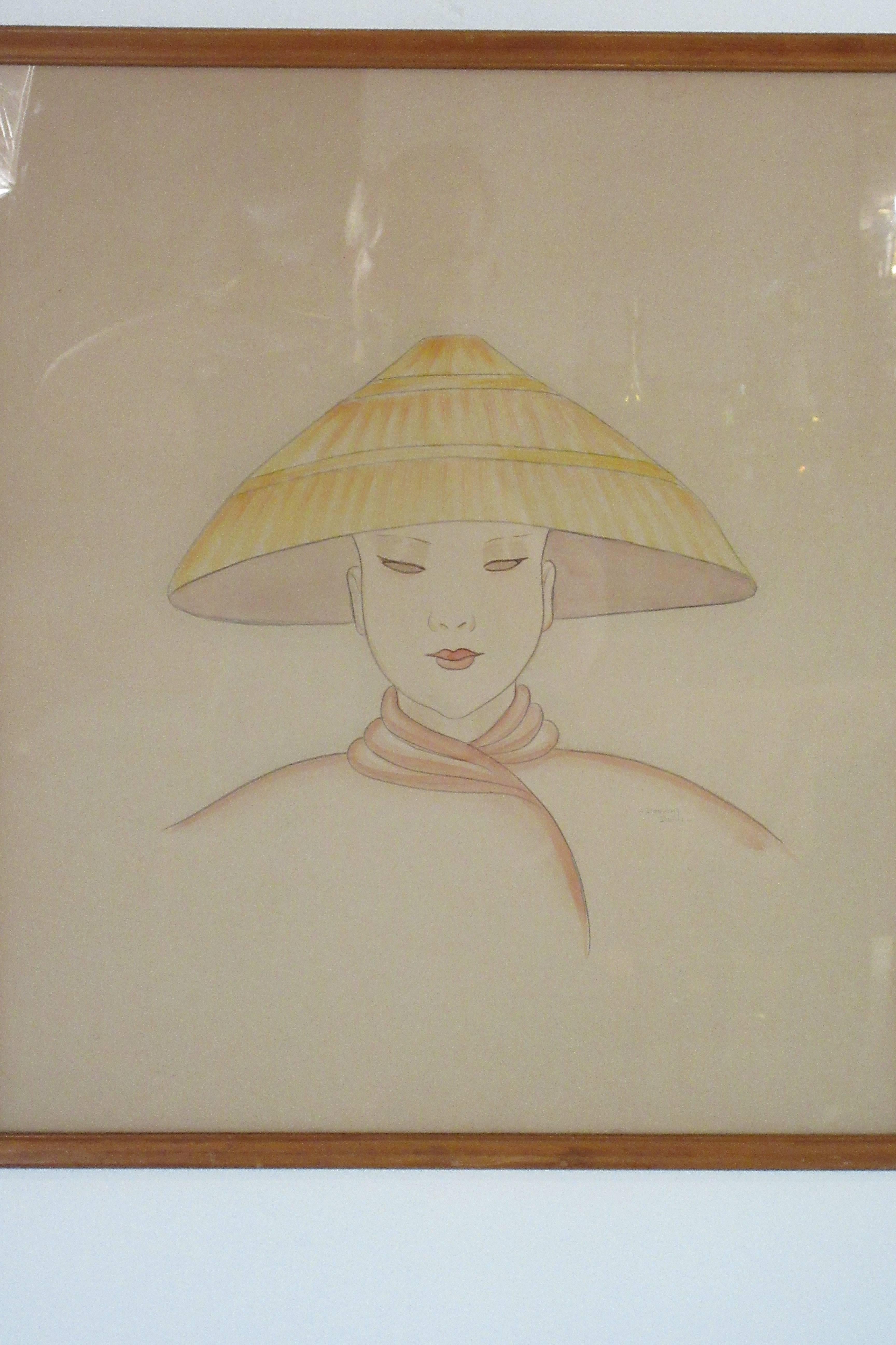 Peinture à l'eau sur papier des années 1940 d'une femme asiatique portant un chapeau 
Port du Nón Lá (chapeau traditionnel vietnamien)
Signé Dorothy Dwin
Illustration