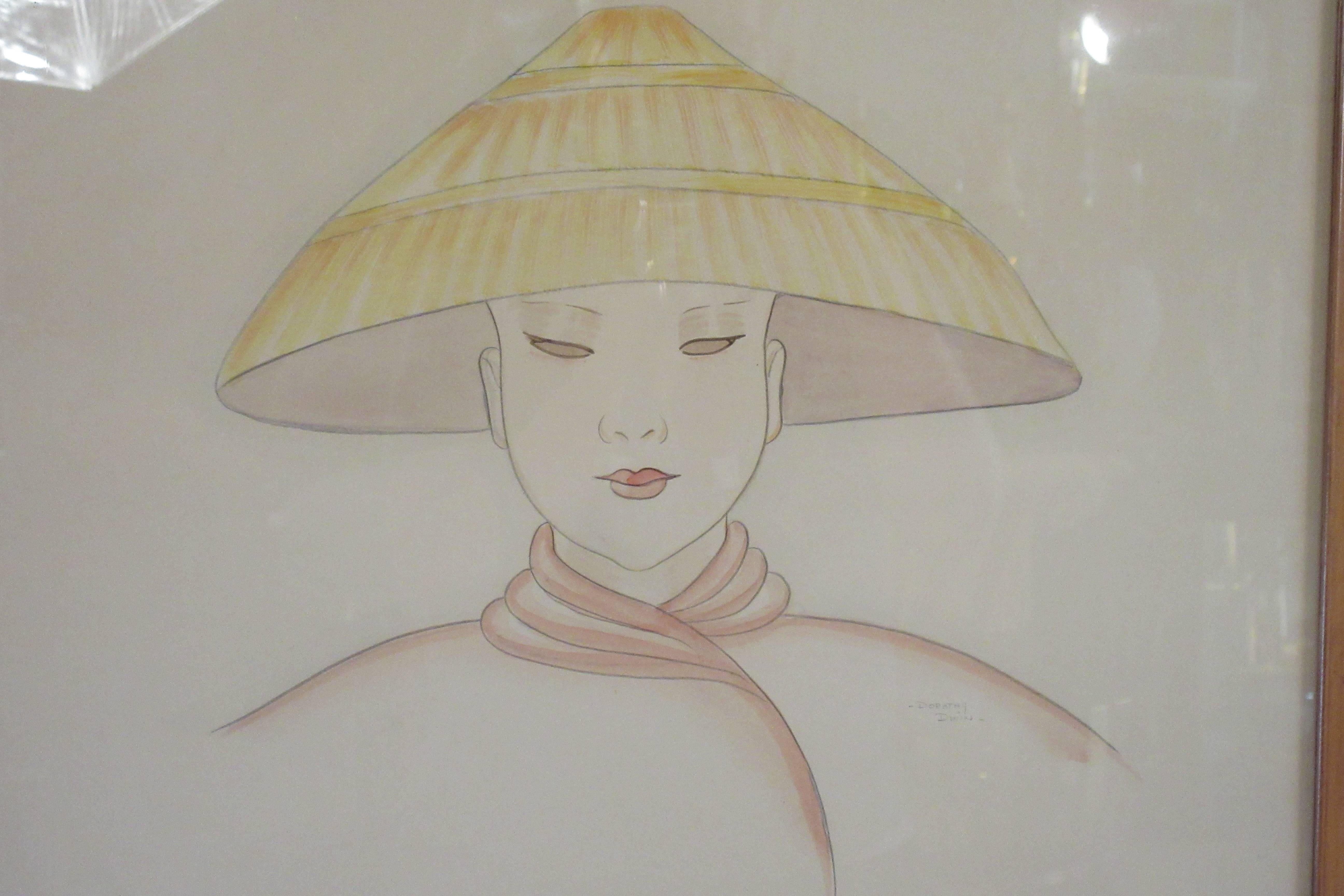 Peint à la main Aquarelle sur papier des années 1940 d'une femme asiatique portant un chapeau - Dorothy Dwin en vente