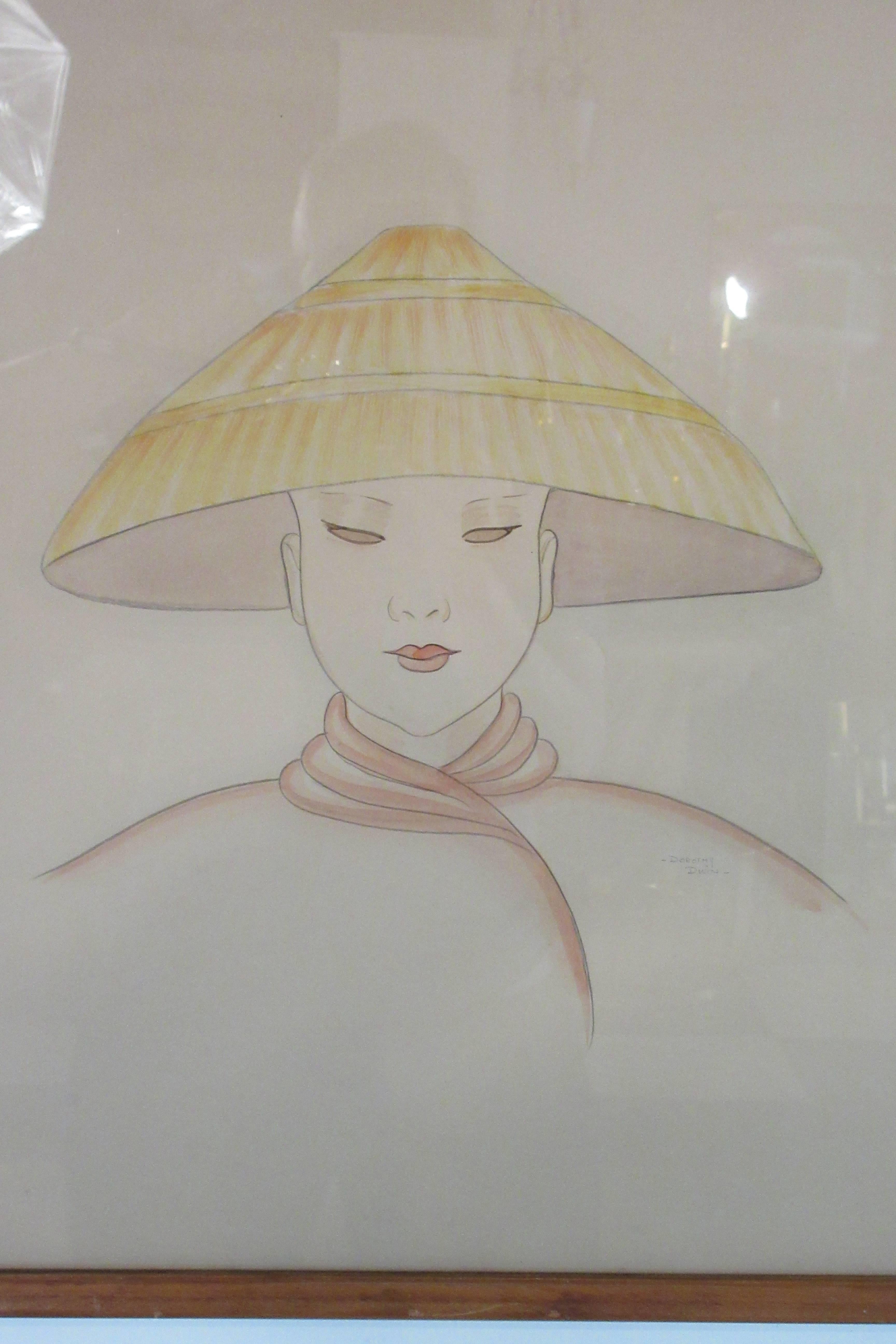 Aquarelle sur papier des années 1940 d'une femme asiatique portant un chapeau - Dorothy Dwin Bon état - En vente à Tarrytown, NY