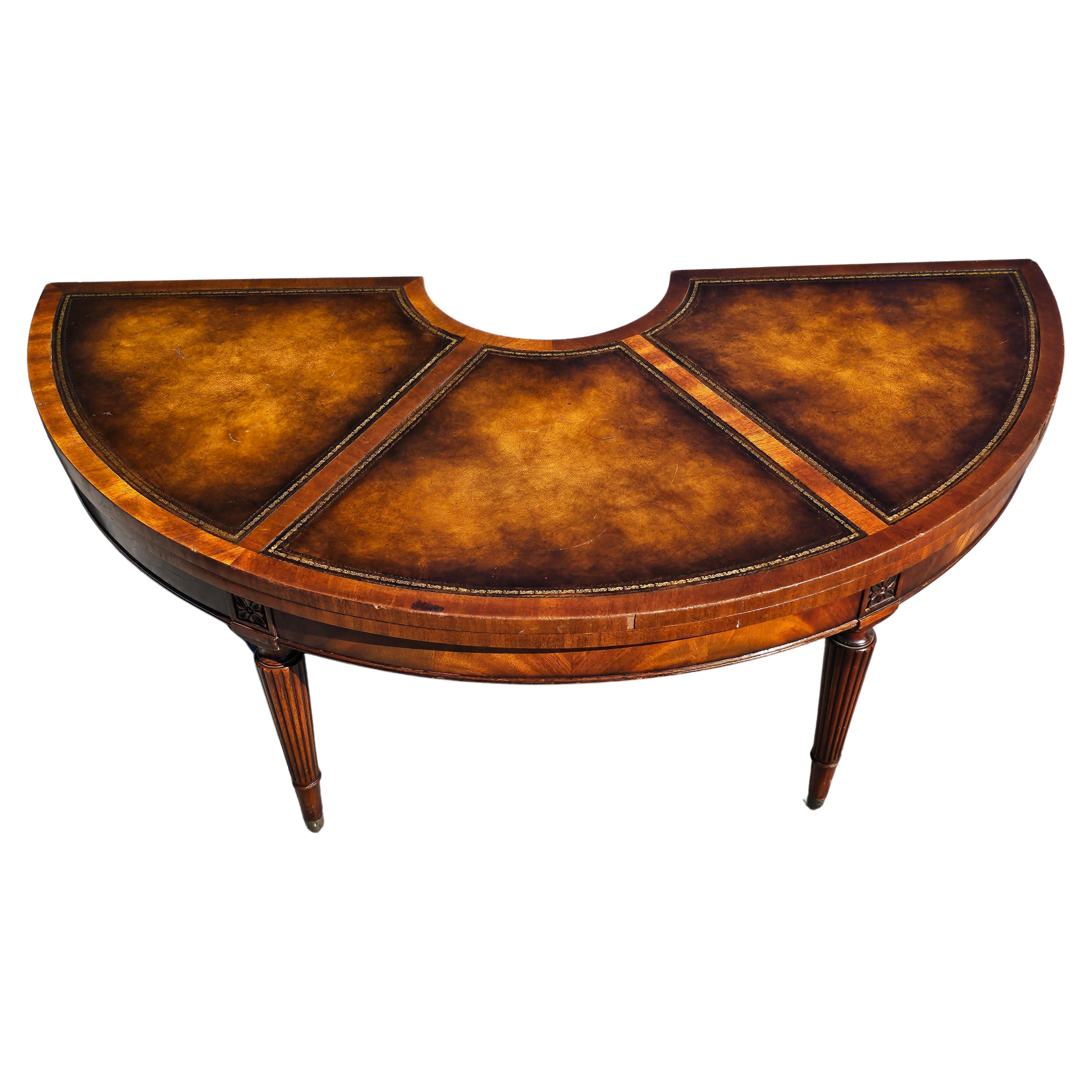 20th Century 1940s Weiman Regency Tooled Leather Mahogany Convertible Demilune Cocktail Table For Sale
