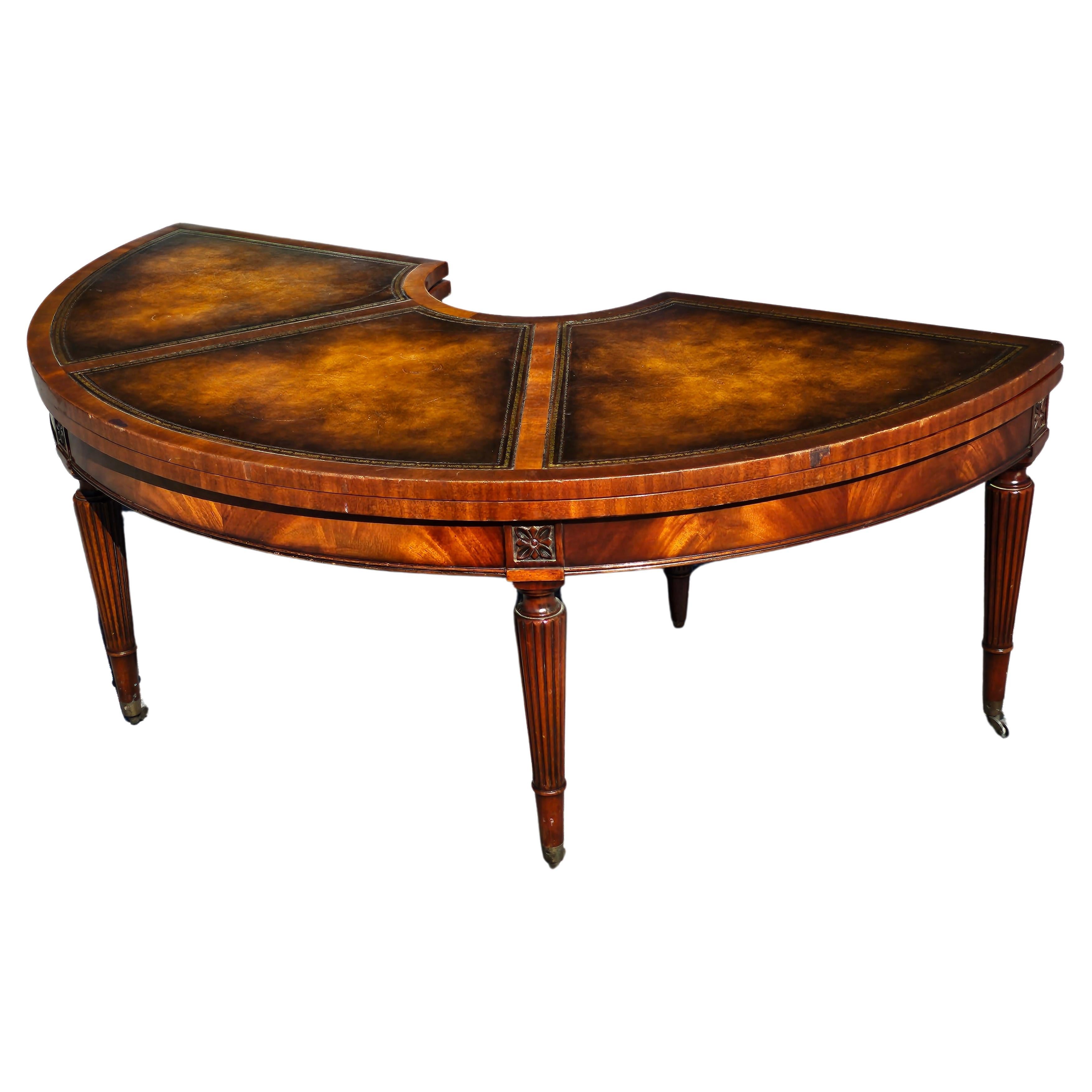 Brass 1940s Weiman Regency Tooled Leather Mahogany Convertible Demilune Cocktail Table For Sale