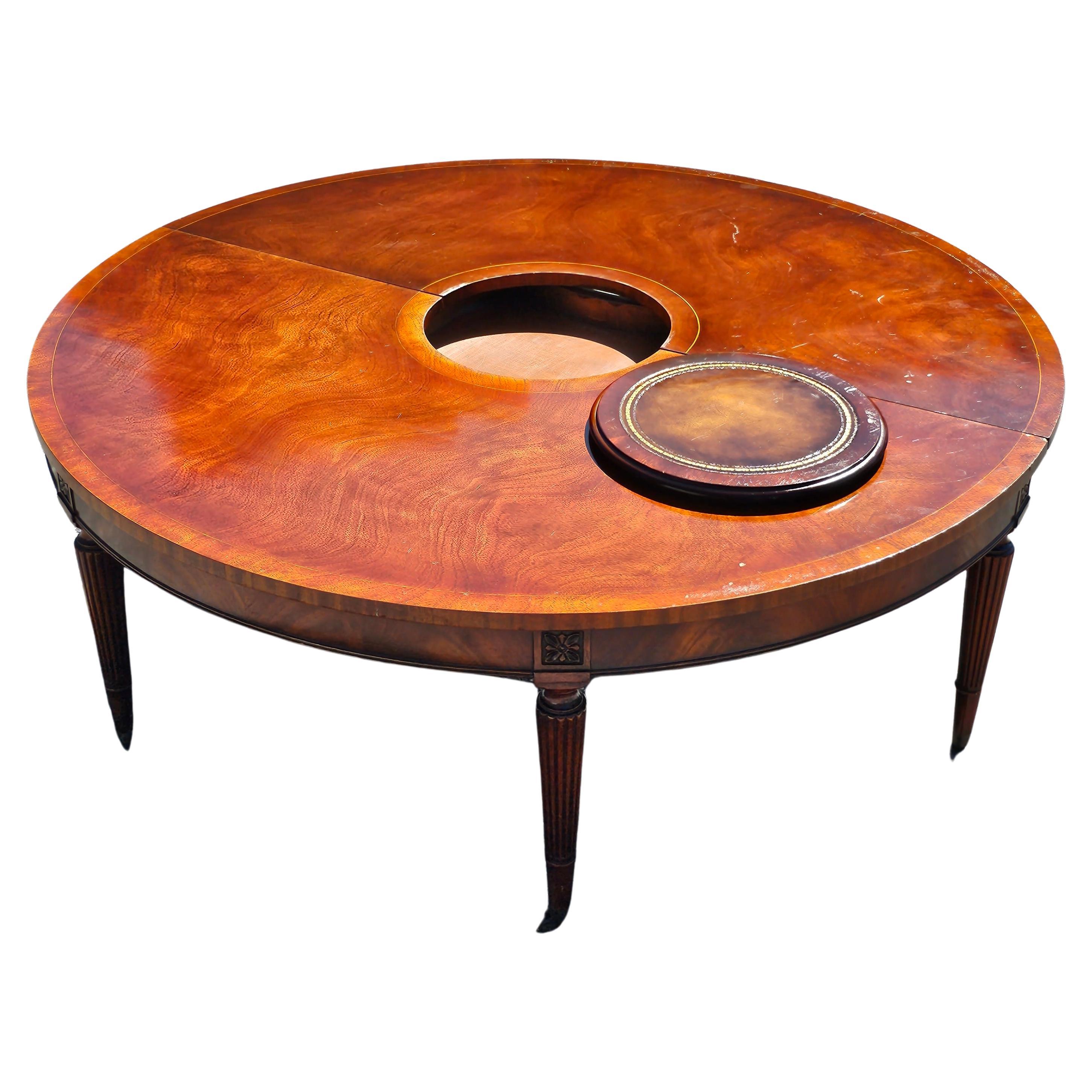 Federal 1940s Weiman Regency Tooled Leather Mahogany Convertible Demilune Cocktail Table For Sale