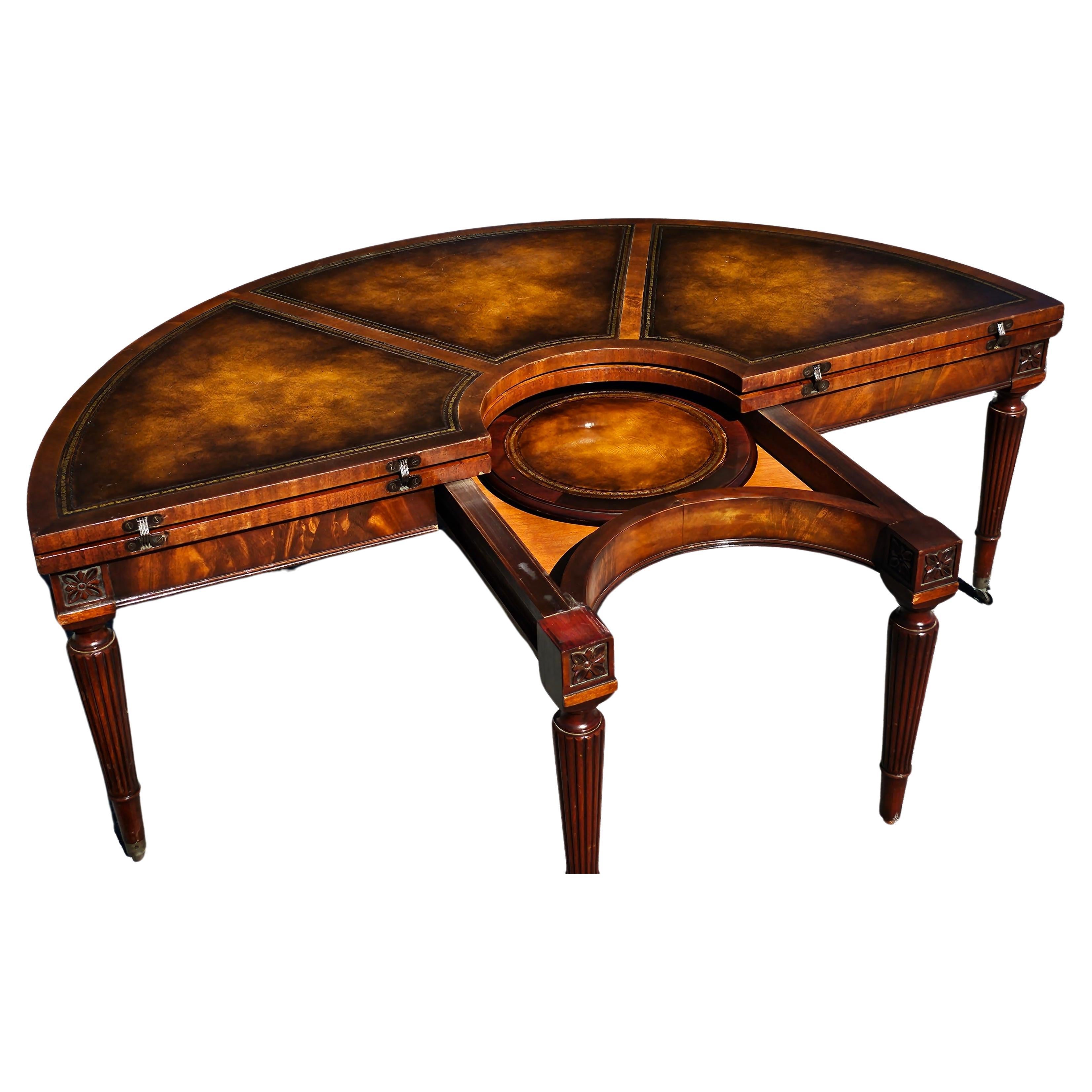 American 1940s Weiman Regency Tooled Leather Mahogany Convertible Demilune Cocktail Table For Sale