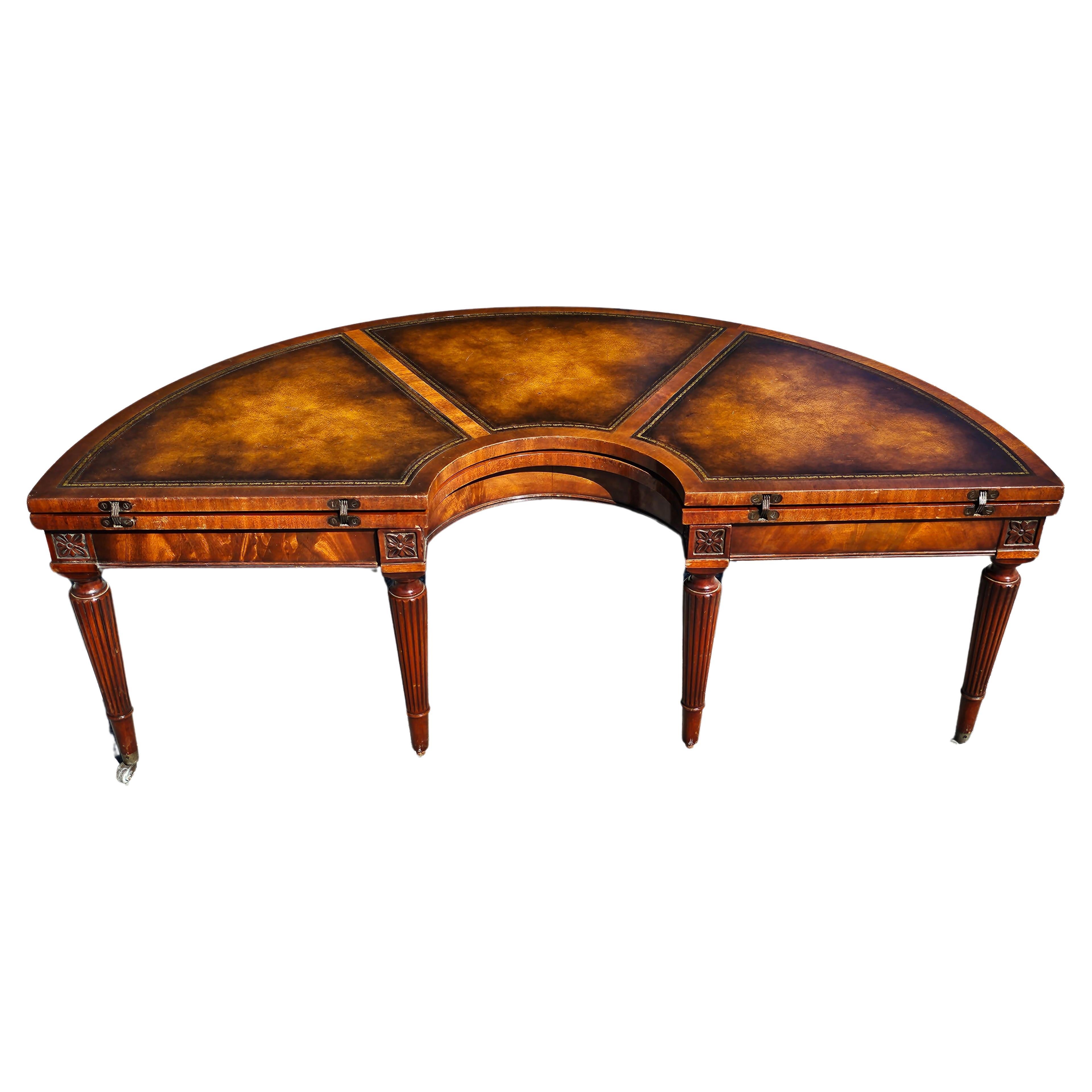 Other 1940s Weiman Regency Tooled Leather Mahogany Convertible Demilune Cocktail Table For Sale