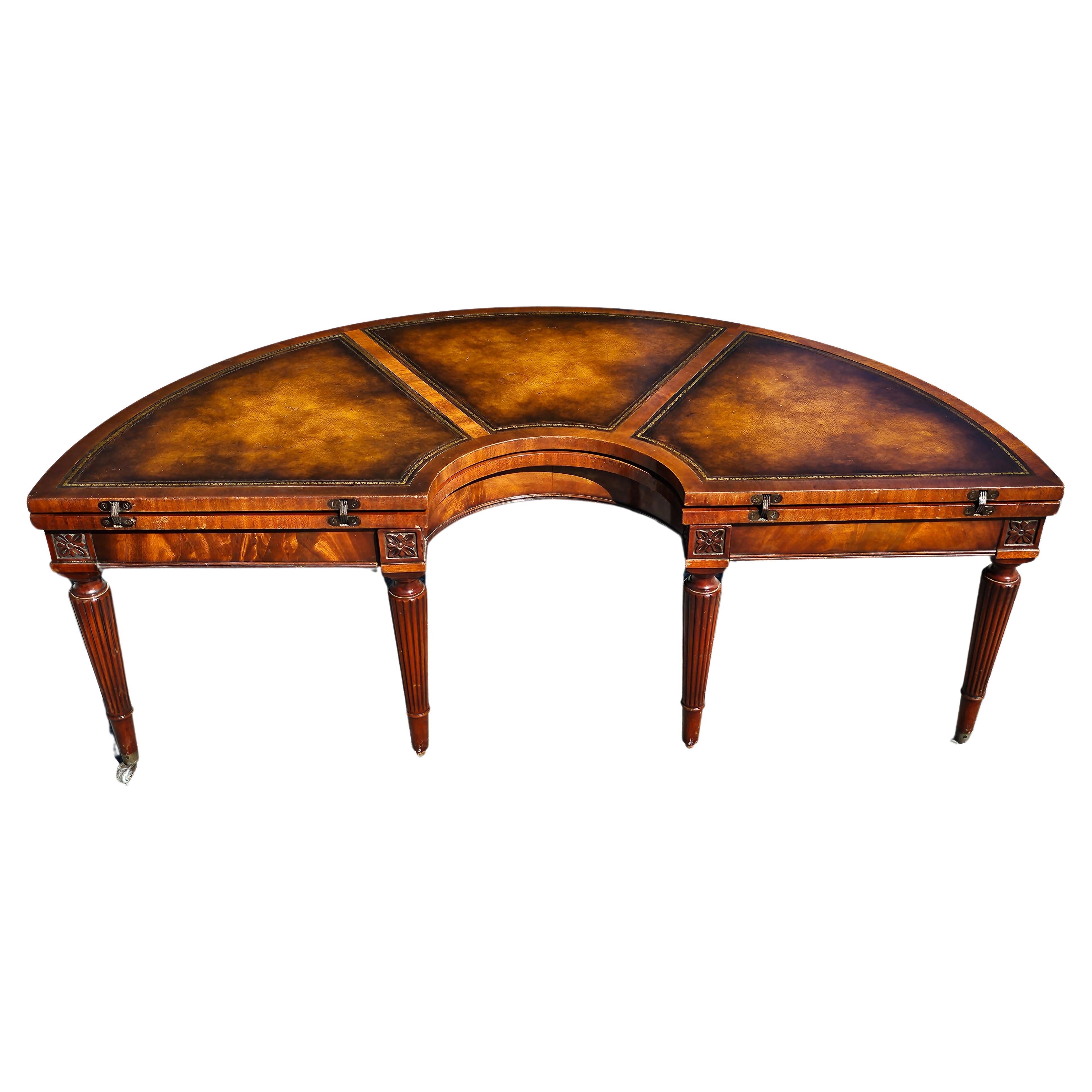Other 1940s Weiman Regency Tooled Leather Mahogany Convertible Demilune Cocktail Table