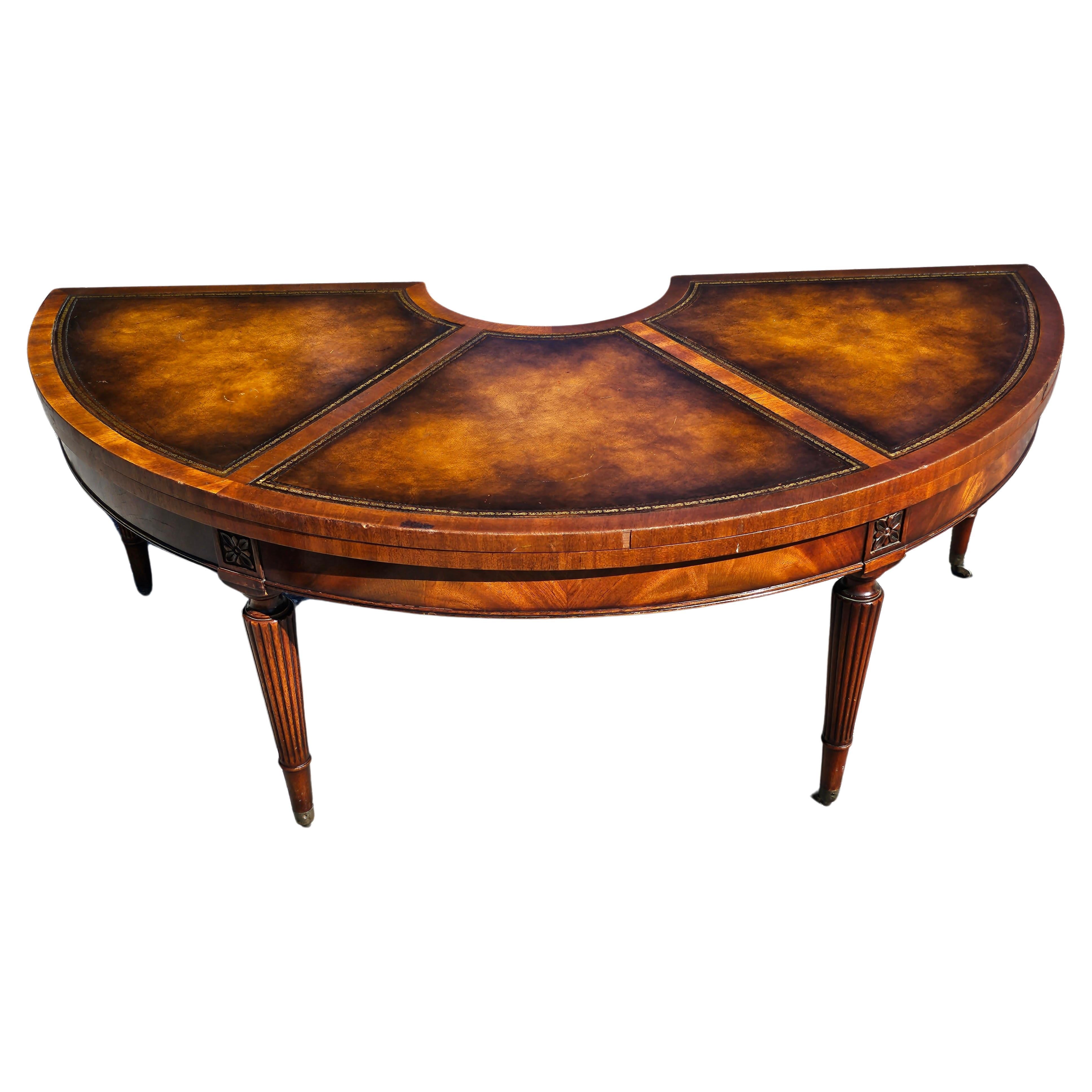 1940s Weiman Regency Tooled Leather Mahogany Convertible Demilune Cocktail Table In Good Condition For Sale In Germantown, MD