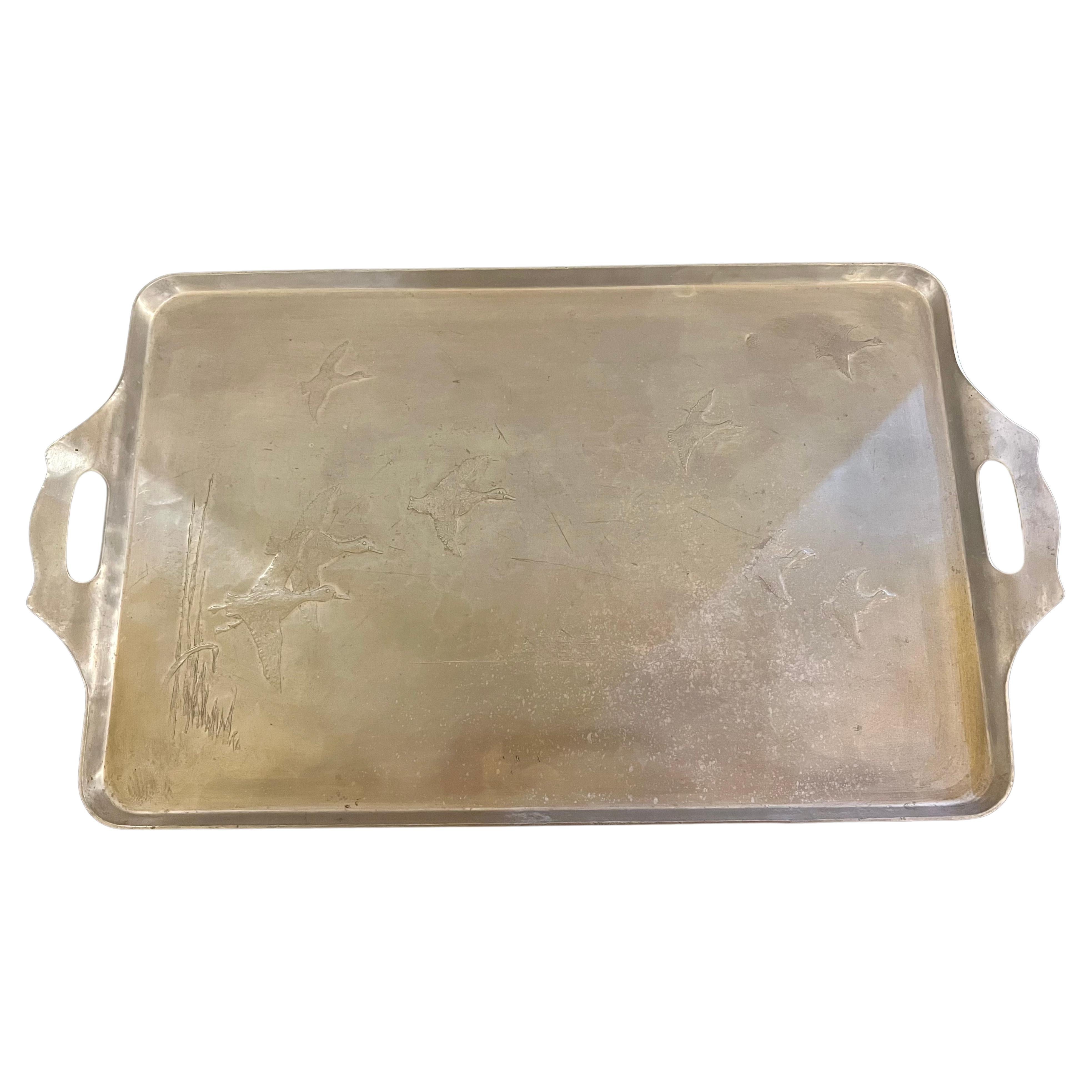 Art Deco 1940s Wendell August Forge Aluminium Tray with Handles Ducks Engraved For Sale
