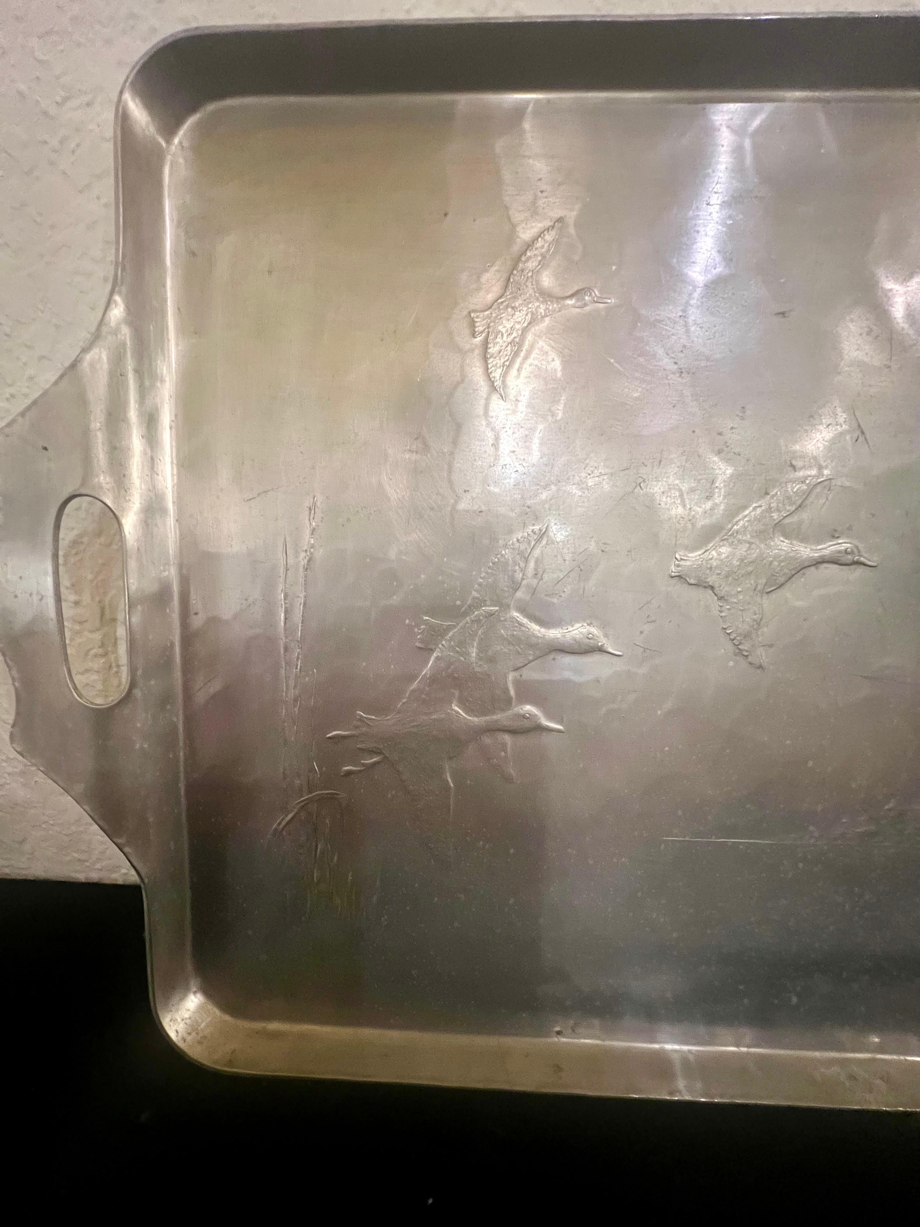 1940s Wendell August Forge Aluminium Tray with Handles Ducks Engraved In Good Condition For Sale In San Diego, CA