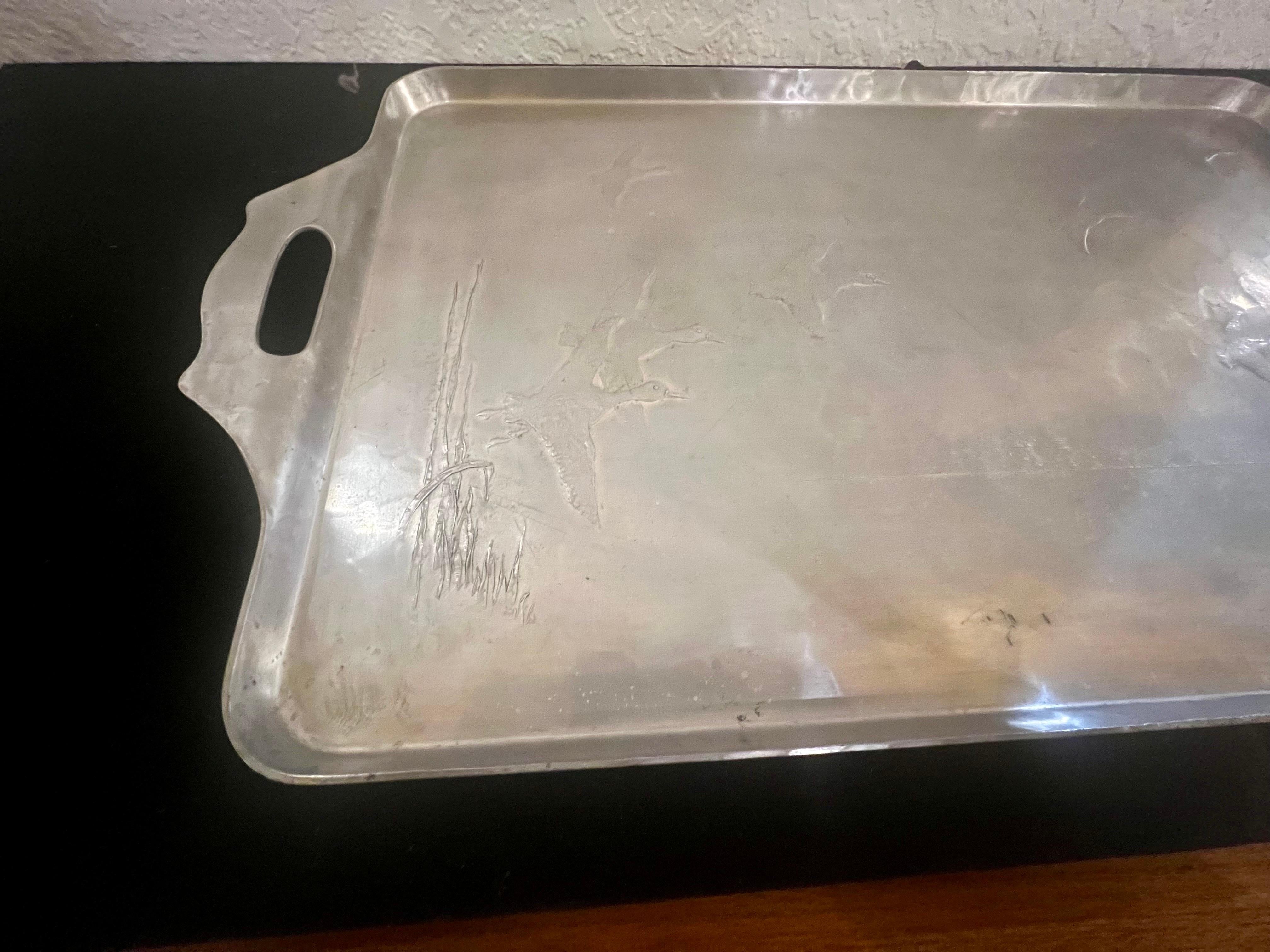 1940s Wendell August Forge Aluminium Tray with Handles Ducks Engraved For Sale 1