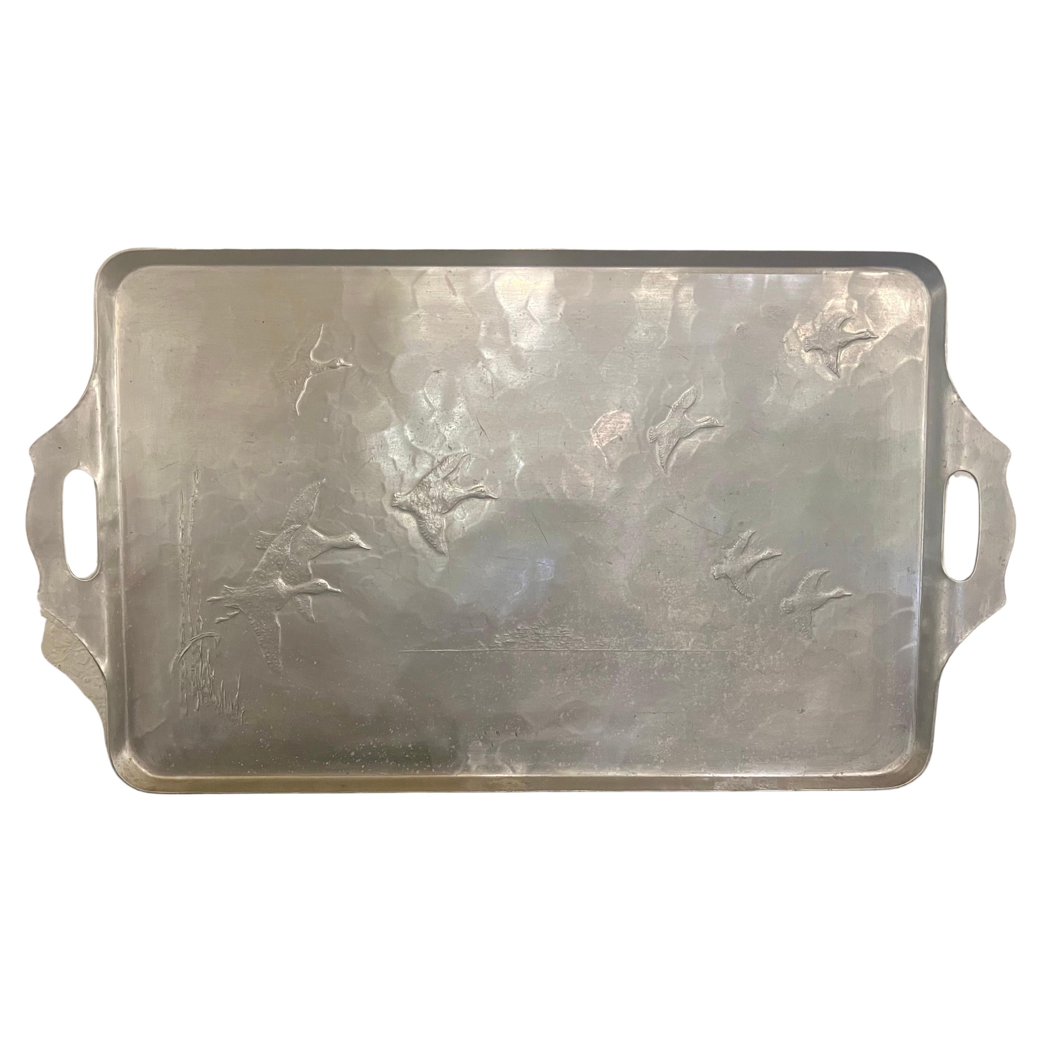 1940s Wendell August Forge Aluminium Tray with Handles Ducks Engraved For Sale