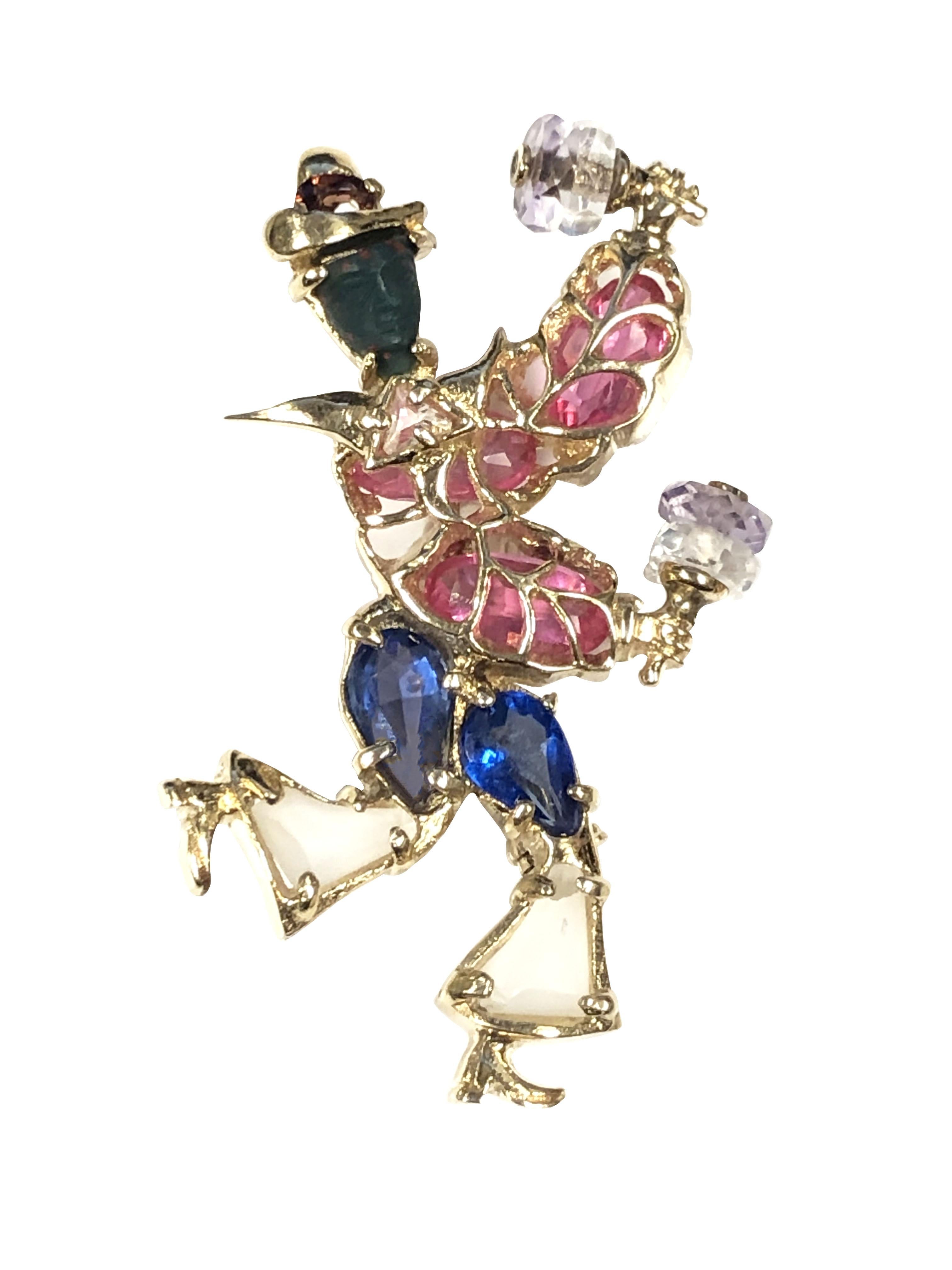 Retro 1940s Whimsical Gold and Gem set Marimba Dancer Brooches For Sale