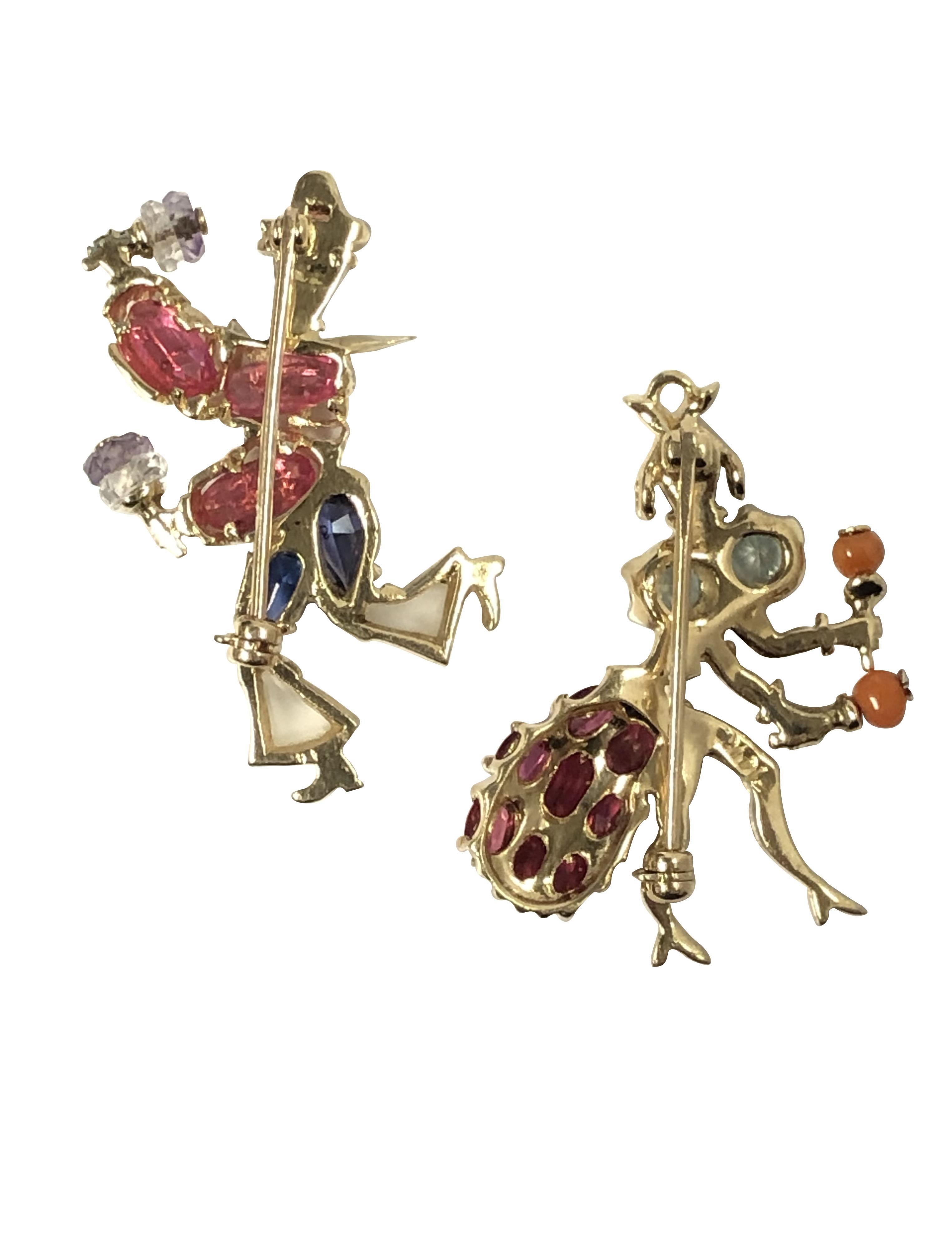 1940s Whimsical Gold and Gem set Marimba Dancer Brooches In Excellent Condition For Sale In Chicago, IL