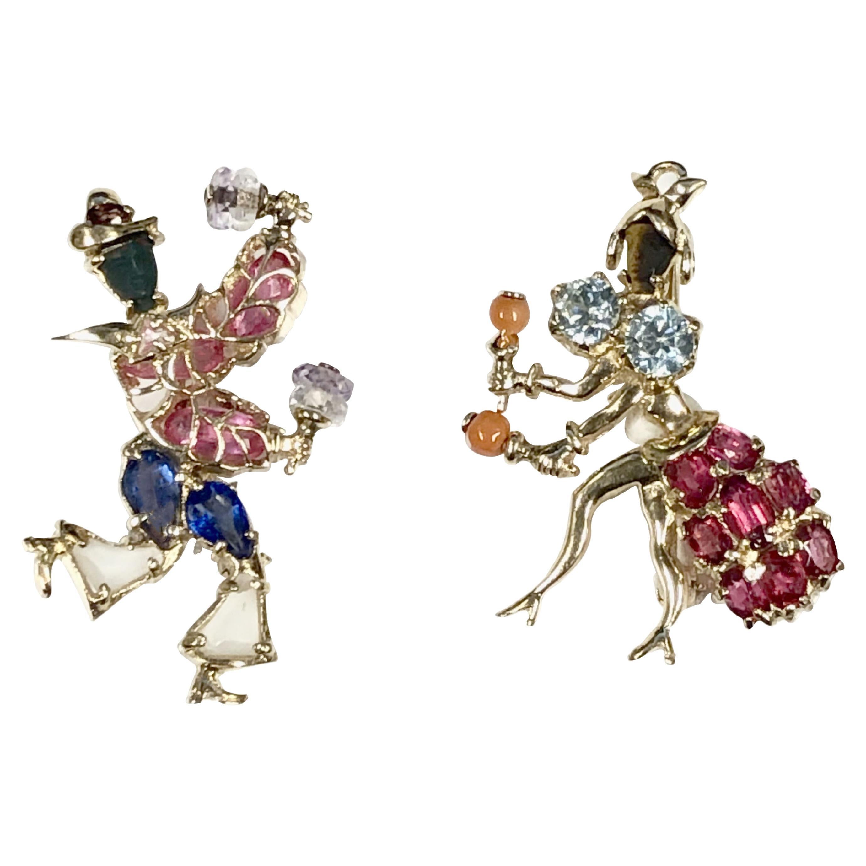 1940s Whimsical Gold and Gem set Marimba Dancer Brooches For Sale