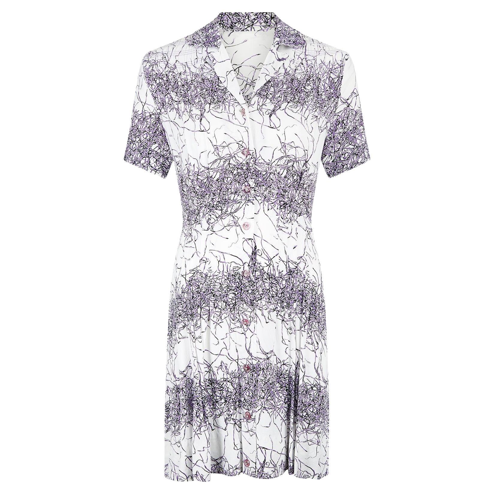 1940s White and Purple Rayon Floral Print Shirtwaister Dress For Sale