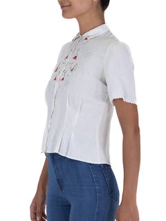 1940S White Button Up Blouse Hand Embroidered Detail