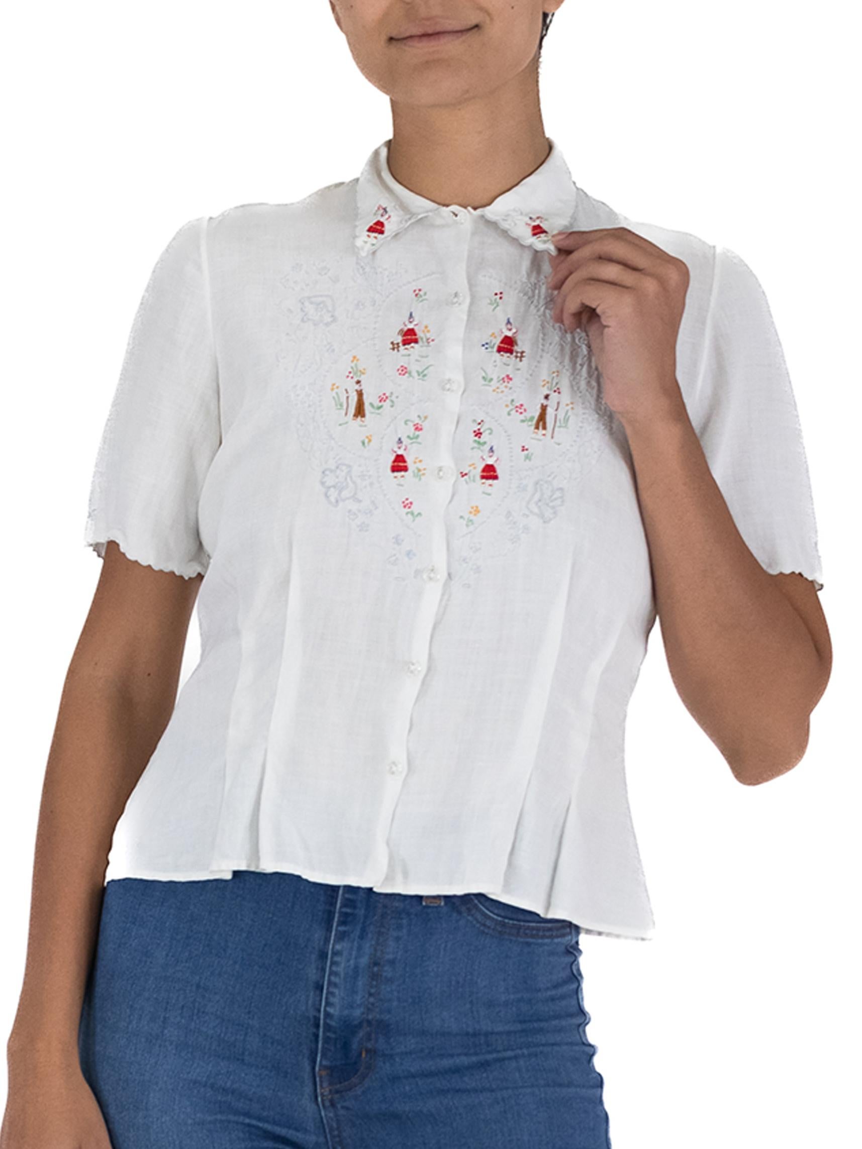 Gray 1940S White Button Up Blouse Hand Embroidered Detail For Sale