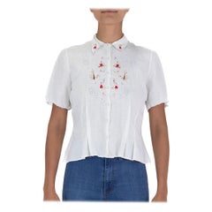 1940S White Button Up Blouse Hand Embroidered Detail