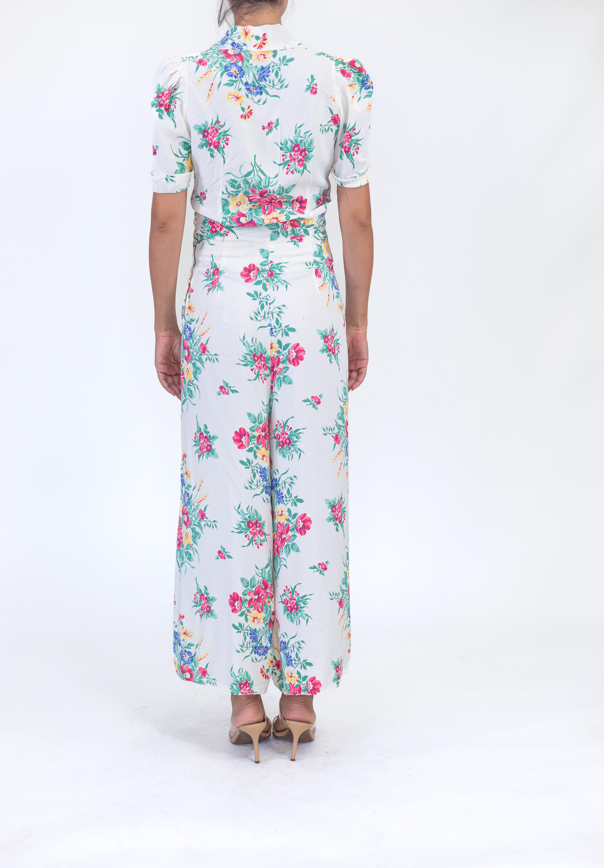 Women's 1940S White Cold Rayon Pink Floral Print Pajamas For Sale