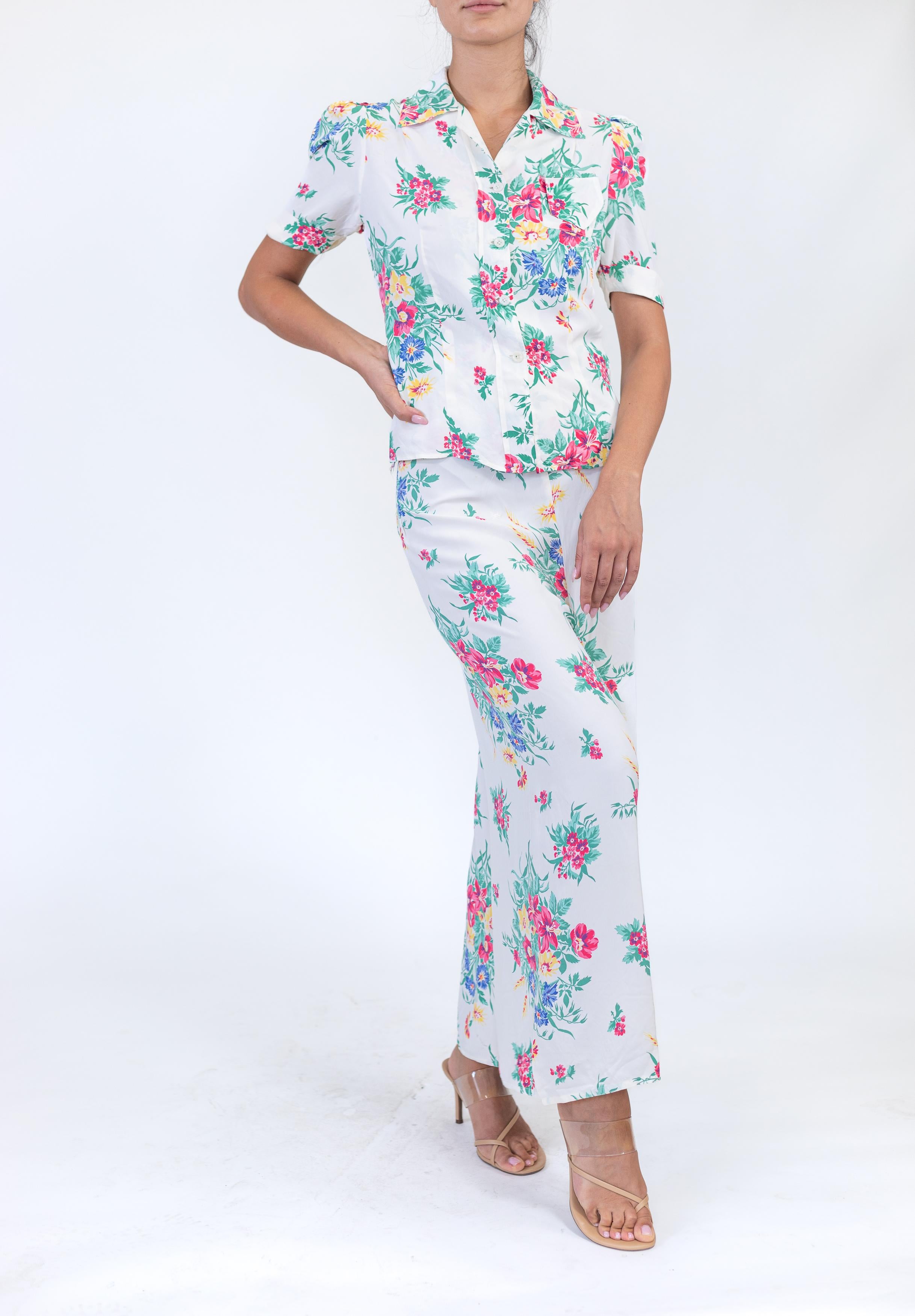 1940S White Cold Rayon Pink Floral Print Pajamas For Sale 1