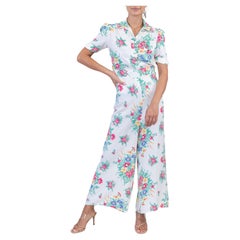 Pigiama anni '40 in rayon bianco freddo con stampa floreale rosa