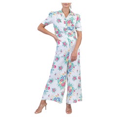 Pajamas en rayonne blanche à imprimé floral rose des années 1940