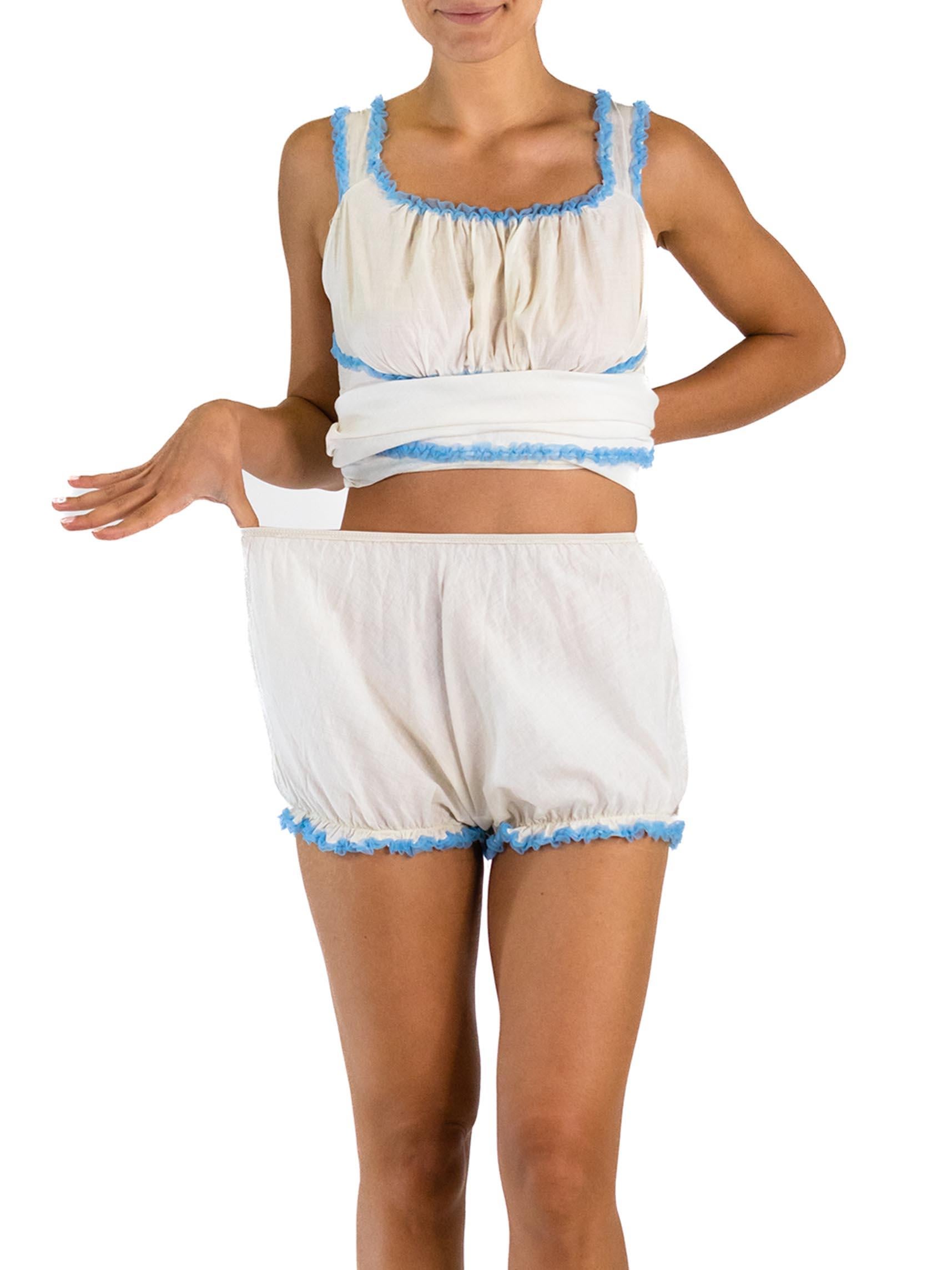 1940S White Cotton Blue Chiffon Ruffle Trim Negligee & Shorts Set For Sale 2