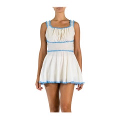 Vintage 1940S White Cotton Blue Chiffon Ruffle Trim Negligee & Shorts Set