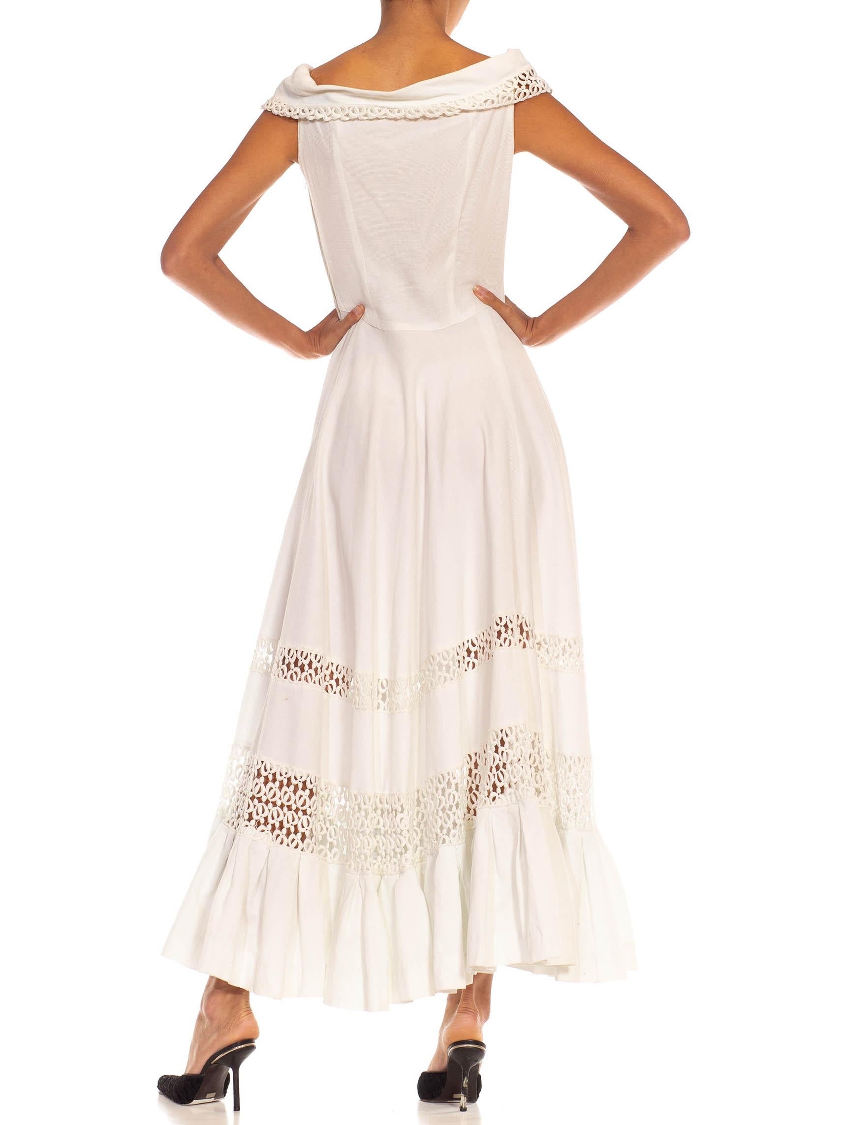1940S White Cotton Piqué Off Shoulder Dress For Sale 3