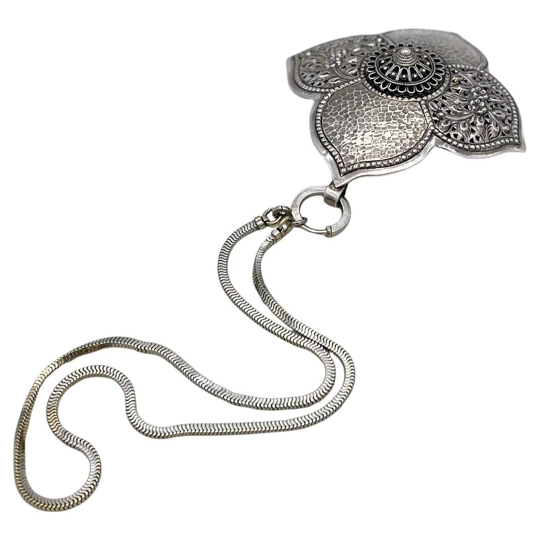 Artisan 1940s White Gold Filled Link Necklace with Large Sterling Pendant For Sale