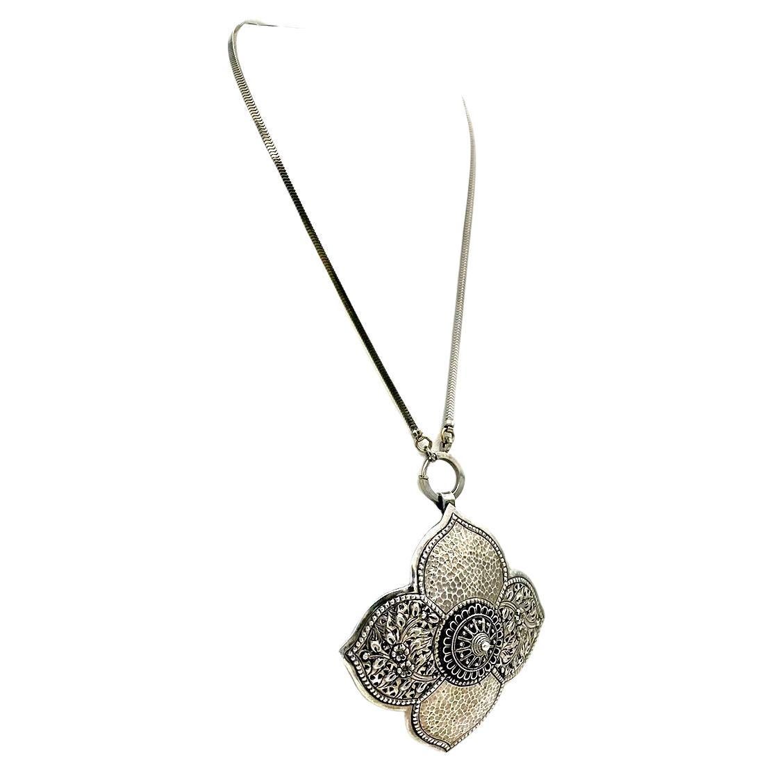 Women's 1940s White Gold Filled Link Necklace with Large Sterling Pendant For Sale