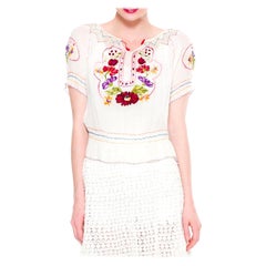 Vintage 1940S White Hand Embroidered Rayon Georgette Boho Folk Blouse