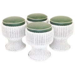 1940s White Painted Wicker Mushroom Shape Stools with Cushion Seats