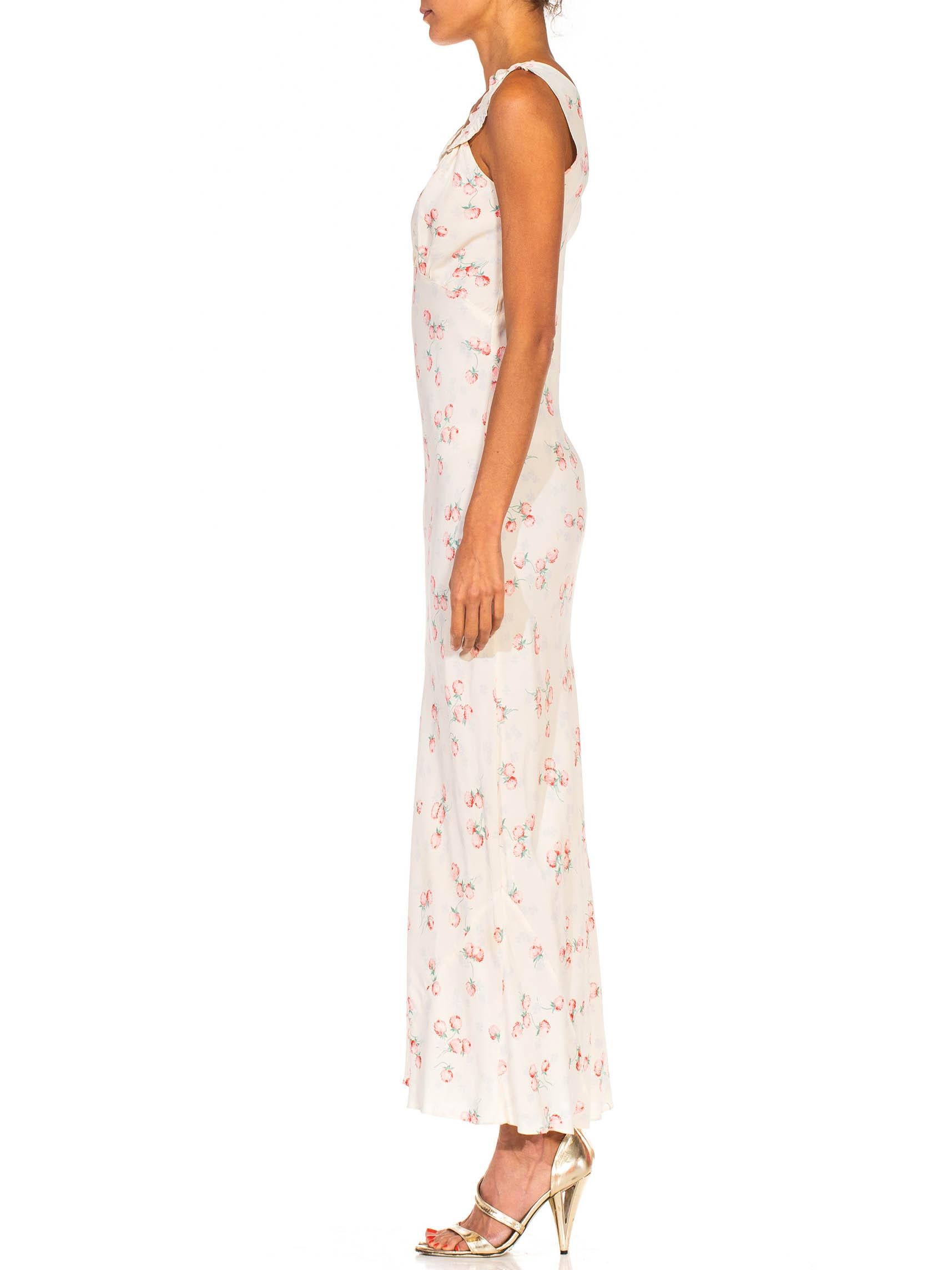 Beige 1940S White & Pink Rayon Bias Cut Floral Slip Dress Negligee