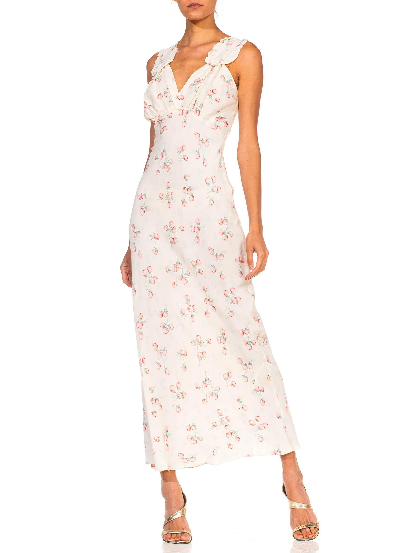 1940S White & Pink Rayon Bias Cut Floral Slip Dress Negligee 1