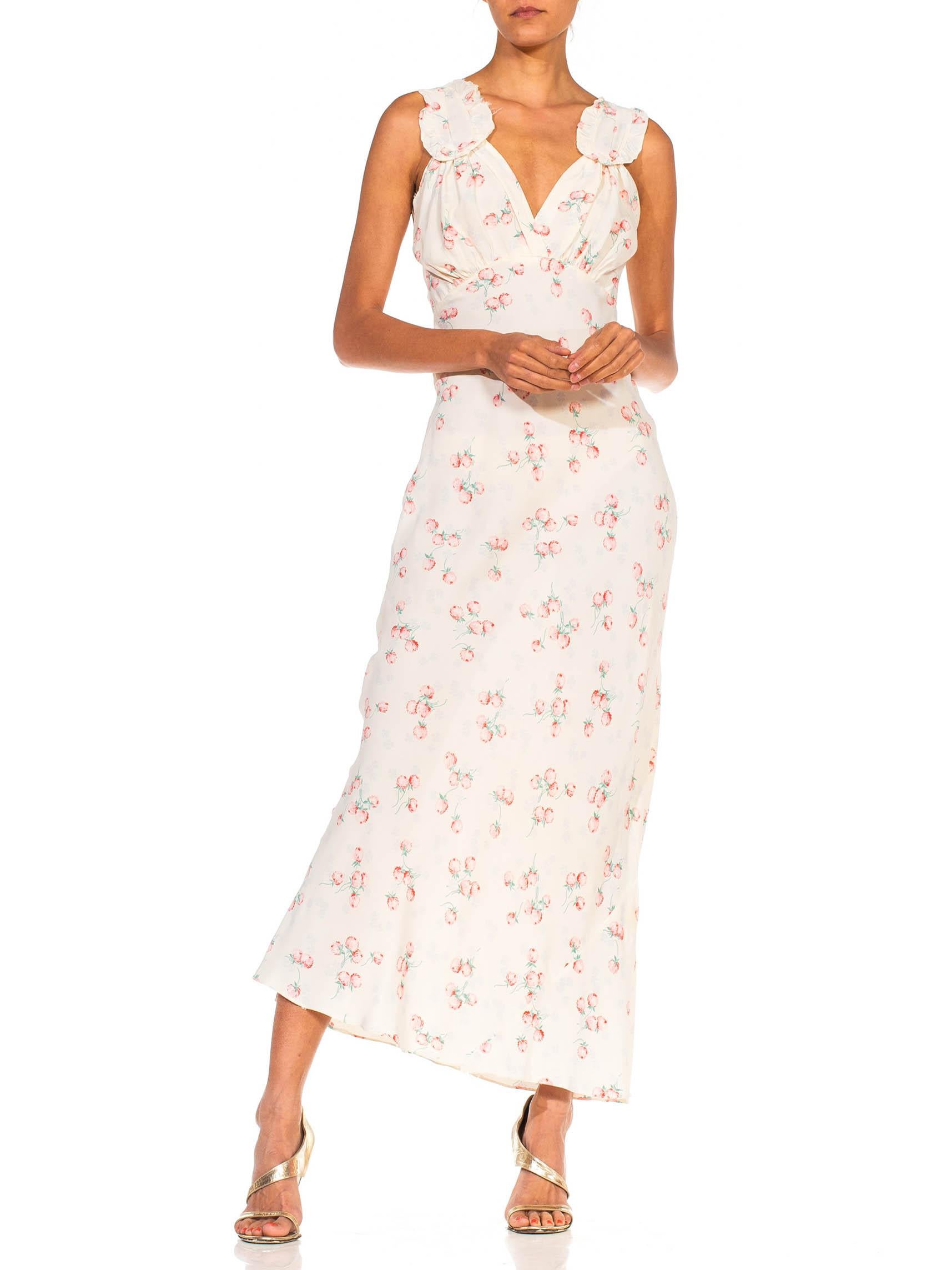 1940S White & Pink Rayon Bias Cut Floral Slip Dress Negligee 2