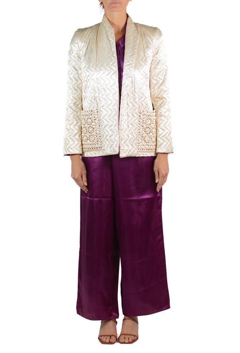 As Is Dead Stock, unworn but has signs of fume fading from age.  1940S White & Purple Rayon Lounge Ensemble With Gold Studded Pockets 