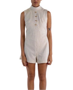 1940S White Rayon Gold Polka Dot Jumpsuit With Rose Buttons