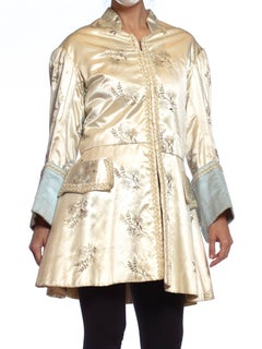 1940S White Rayon Satin Men's Floral Embroidered Frock Coat Jacket From France