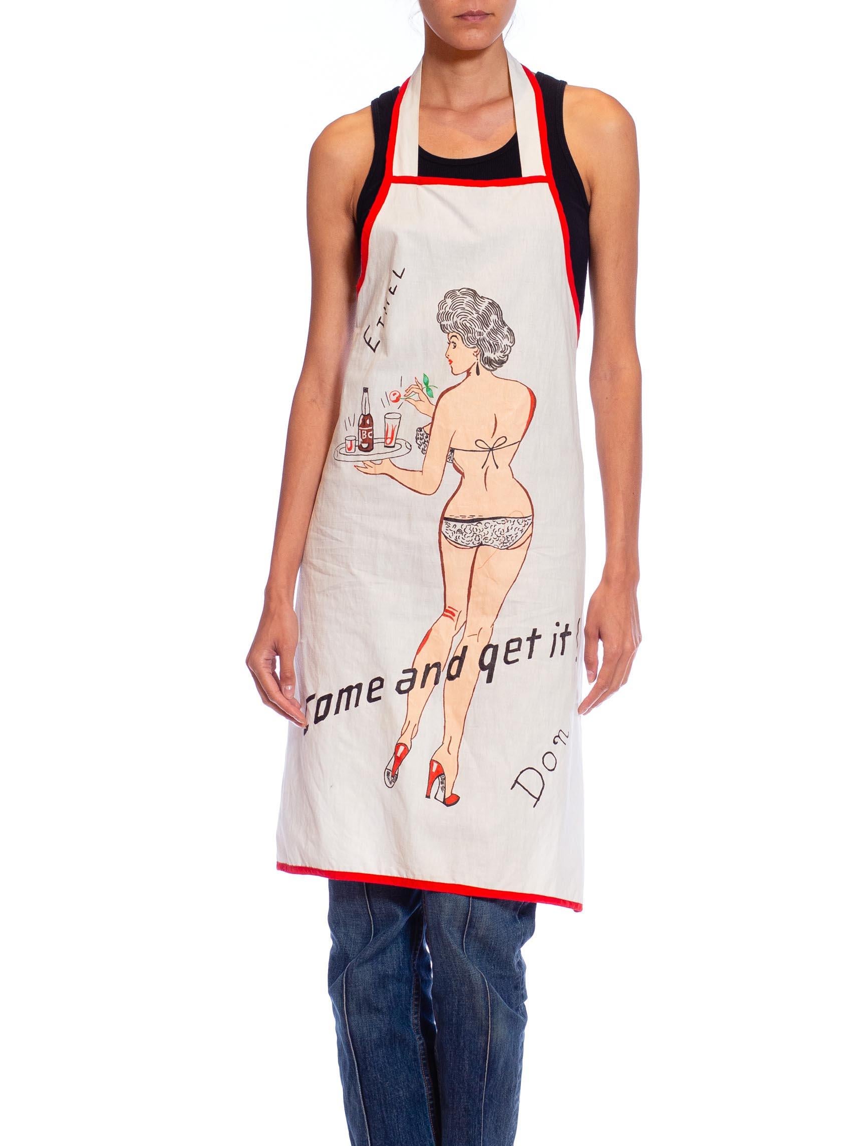 1940S White & Red Cotton Hand Painted Pin-Up Girl Apron In Excellent Condition In New York, NY