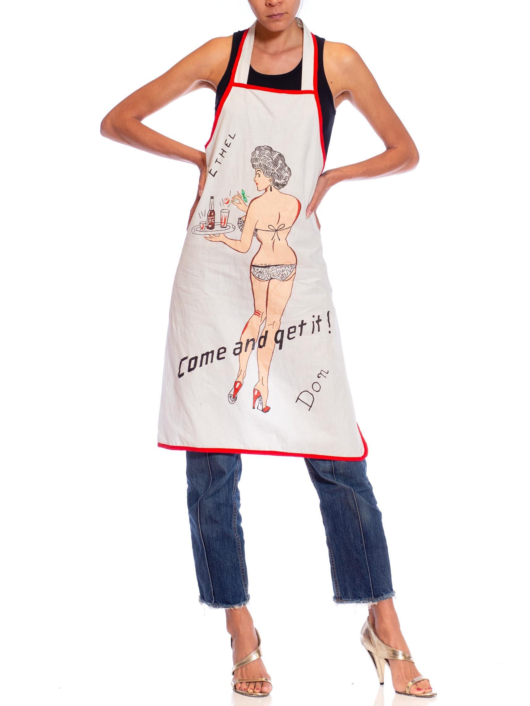 1940S White & Red Cotton Hand Painted Pin-Up Girl Apron 2