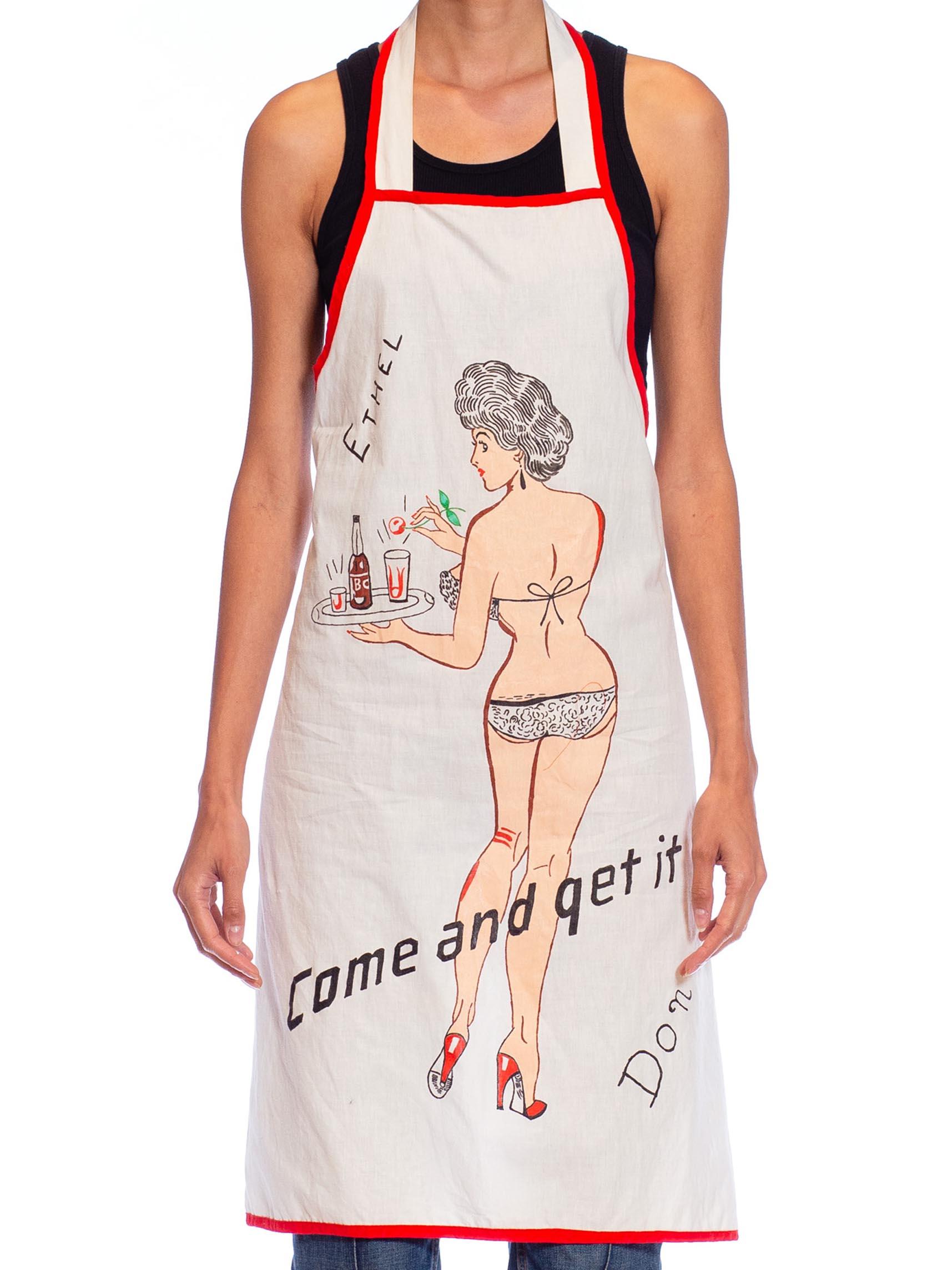 1940S White & Red Cotton Hand Painted Pin-Up Girl Apron 4