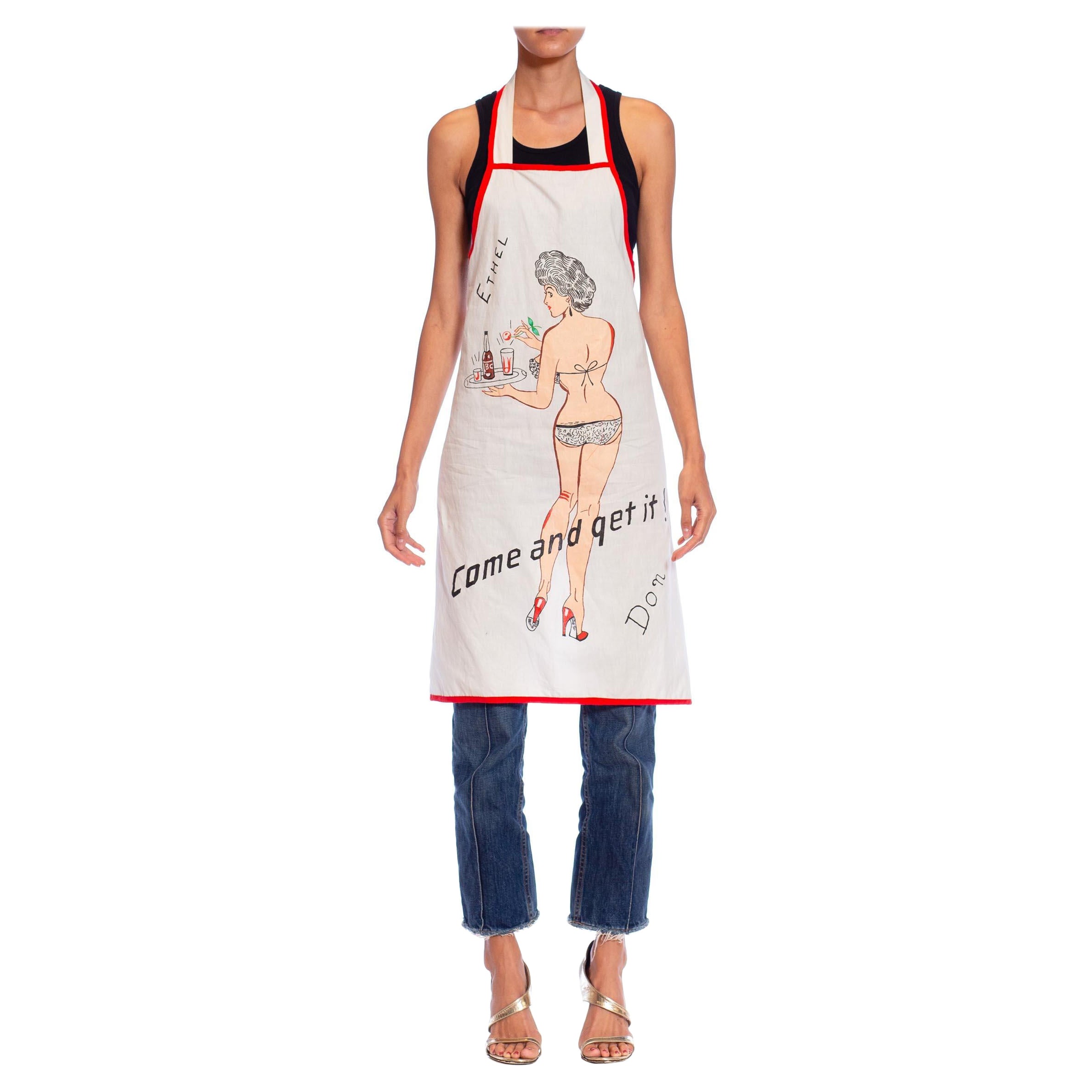 1940S White 
Red Cotton Hand Painted Pin-Up Girl Apron