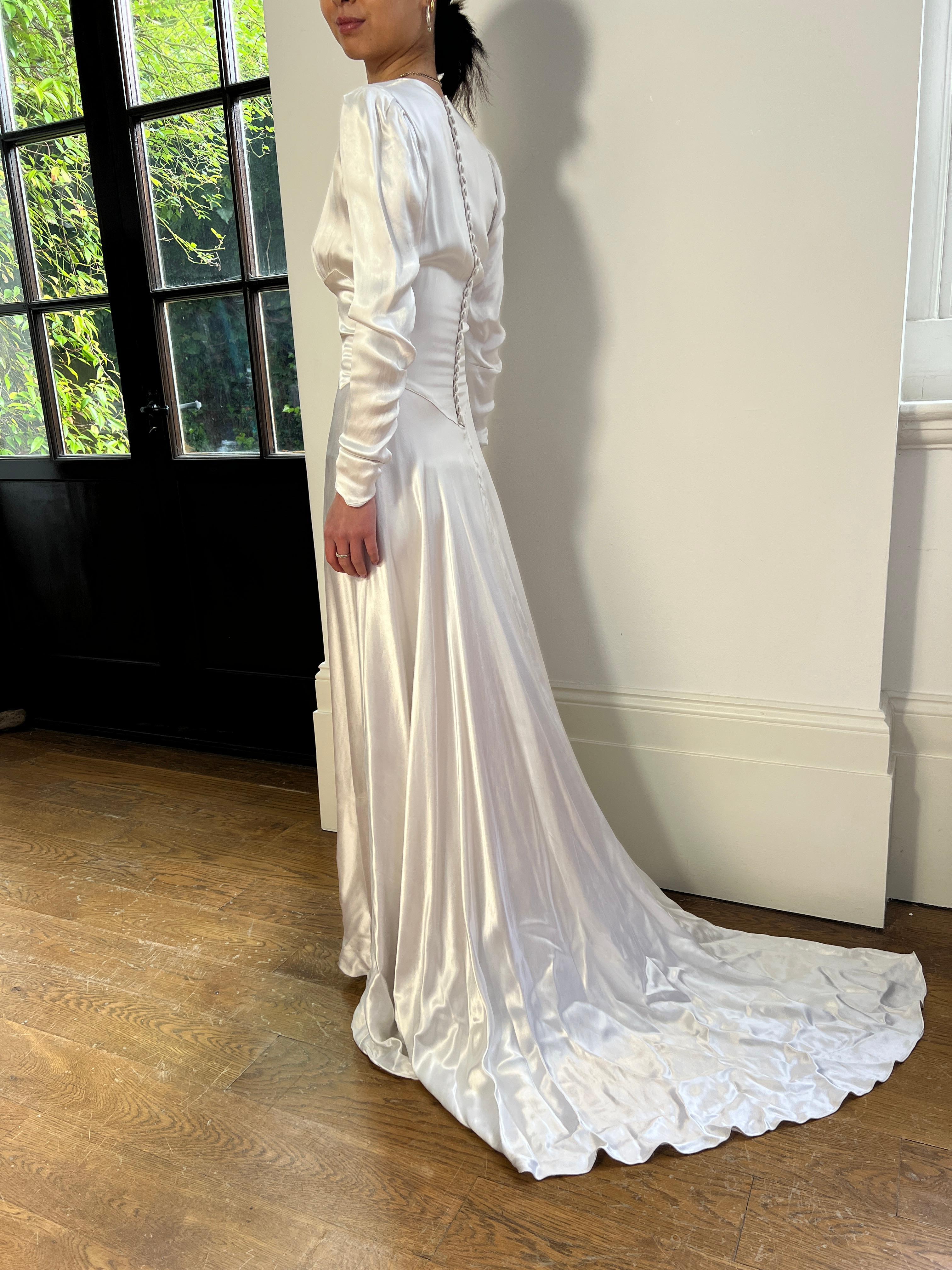1940s White Satin Wedding Dress with Train For Sale 6